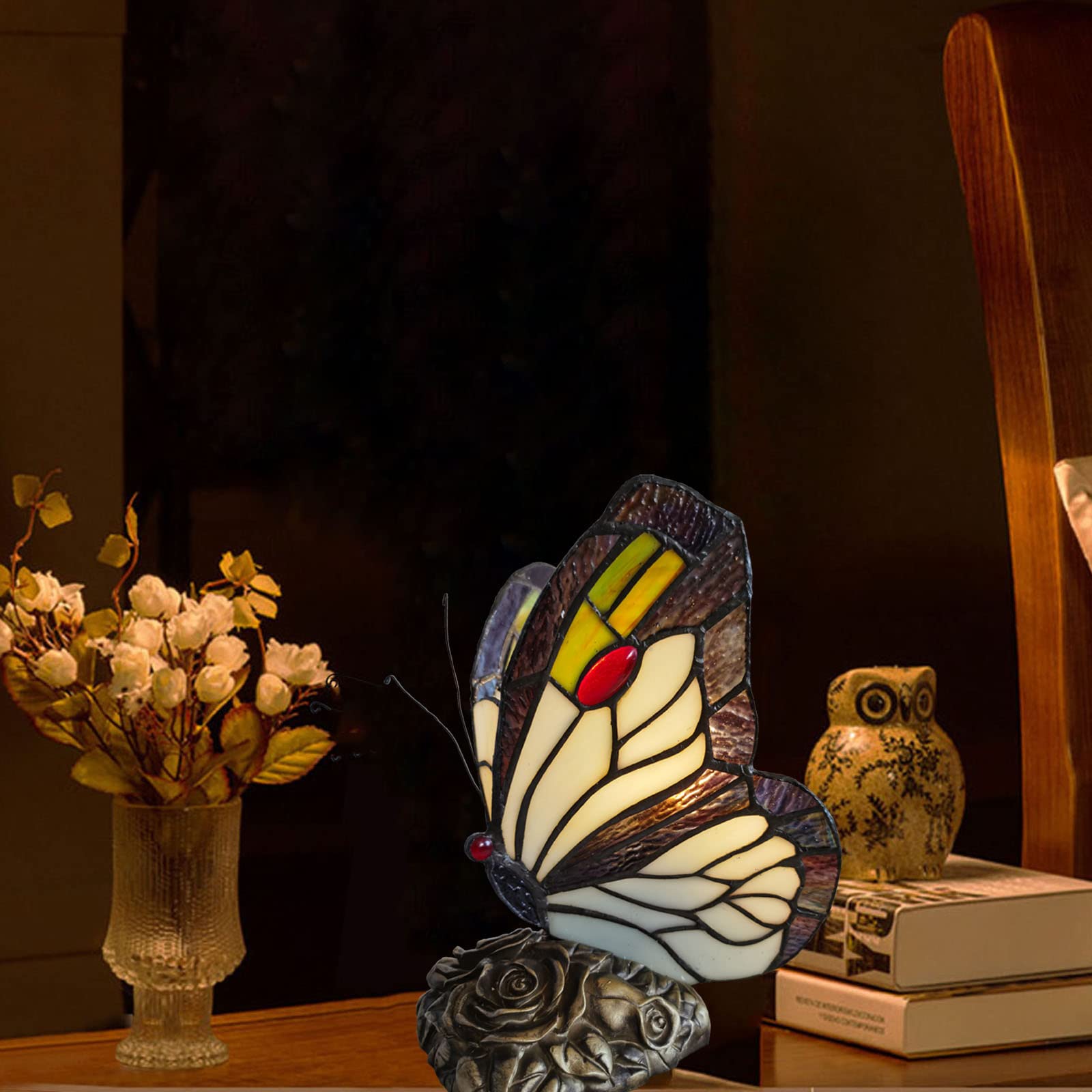 Bedside Table Lamp LED Tiffany Blue Fairy Butterfly Nightstand Table Lamps Stained Glass Shade ON Off Switch Home Office Desk Lamp Night Light Girl Grandma Mothers Day Gifts W/Gift Box