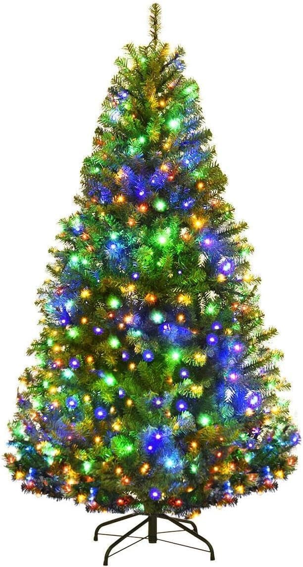 Goplus 7FT Pre-Lit Artificial Christmas Tree Auto-Spread/Close up Branches 11 Flash Modes with Multicolored 400 LED Lights & Metal Stand