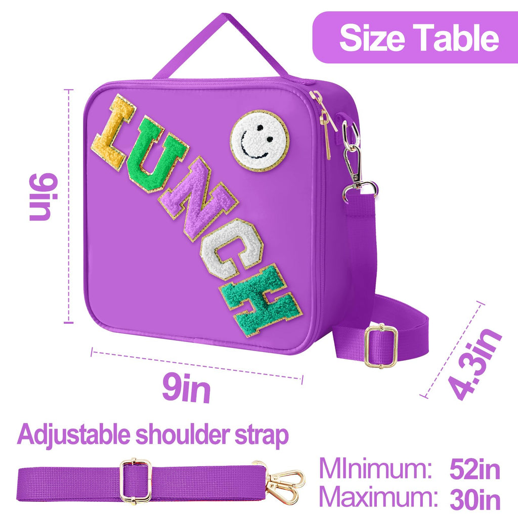 Insulated Lunch Bag With Adjustable Shoulder Strap, Nylon Preppy Lunch Box Large Insulated Lunch Bag Reusable Lunch Tote Bag with Smiley Preppy LunchBag for Girls School Travel Picnic (Purple)