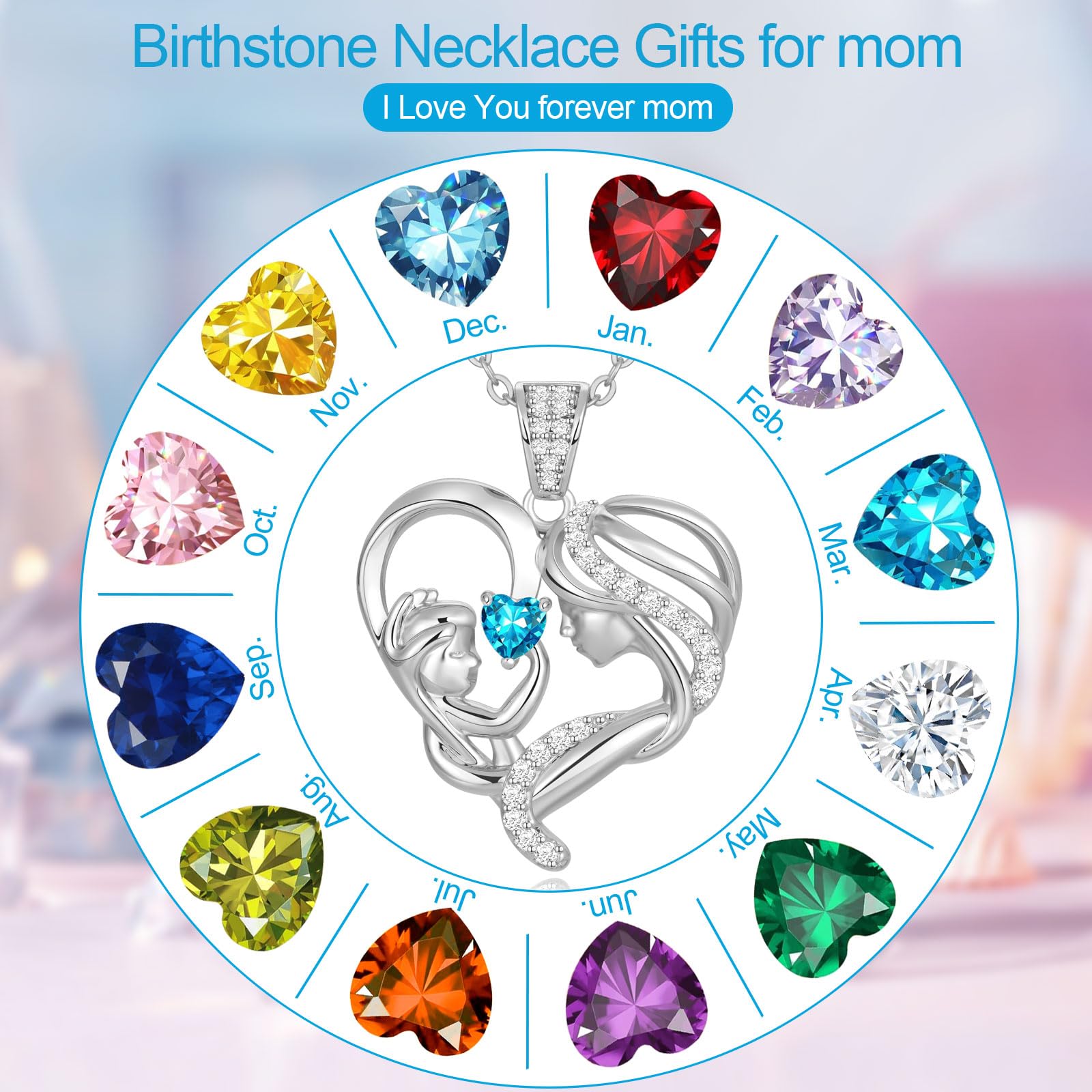 Mothers Day Gifts for Mom Wife Her Grandma, S925 Sterling Silver Birthstone Necklaces Jewelry for Women, Mother's Day Love Heart Pendant Necklace for Anniversary Birthday Christmas Day