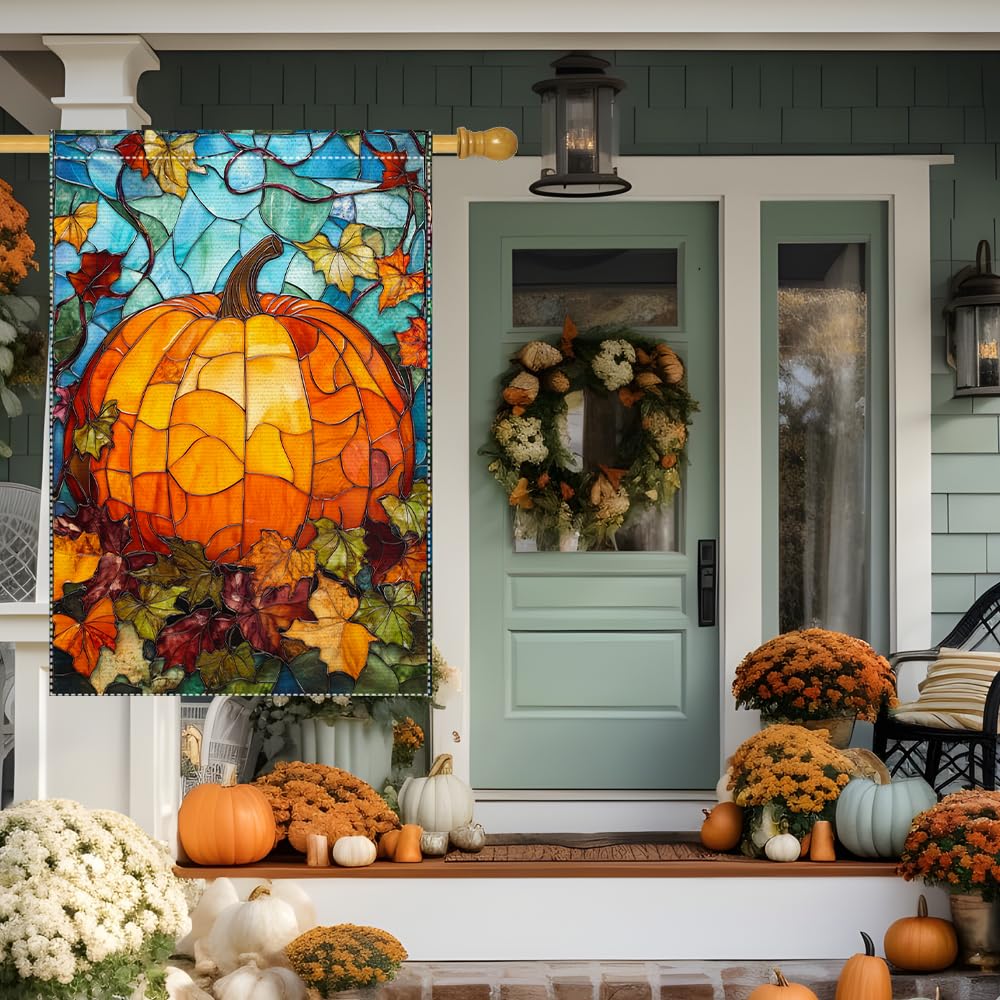 Fall Garden Flag For Outdoor Decor Thanksgiving Garden Flags Autumn Stained Glass Pumpkin Maple Leaf Double Sided Small Burlap Outside Porch Lawn Yard Flags Decorations 12.5x18 Inch