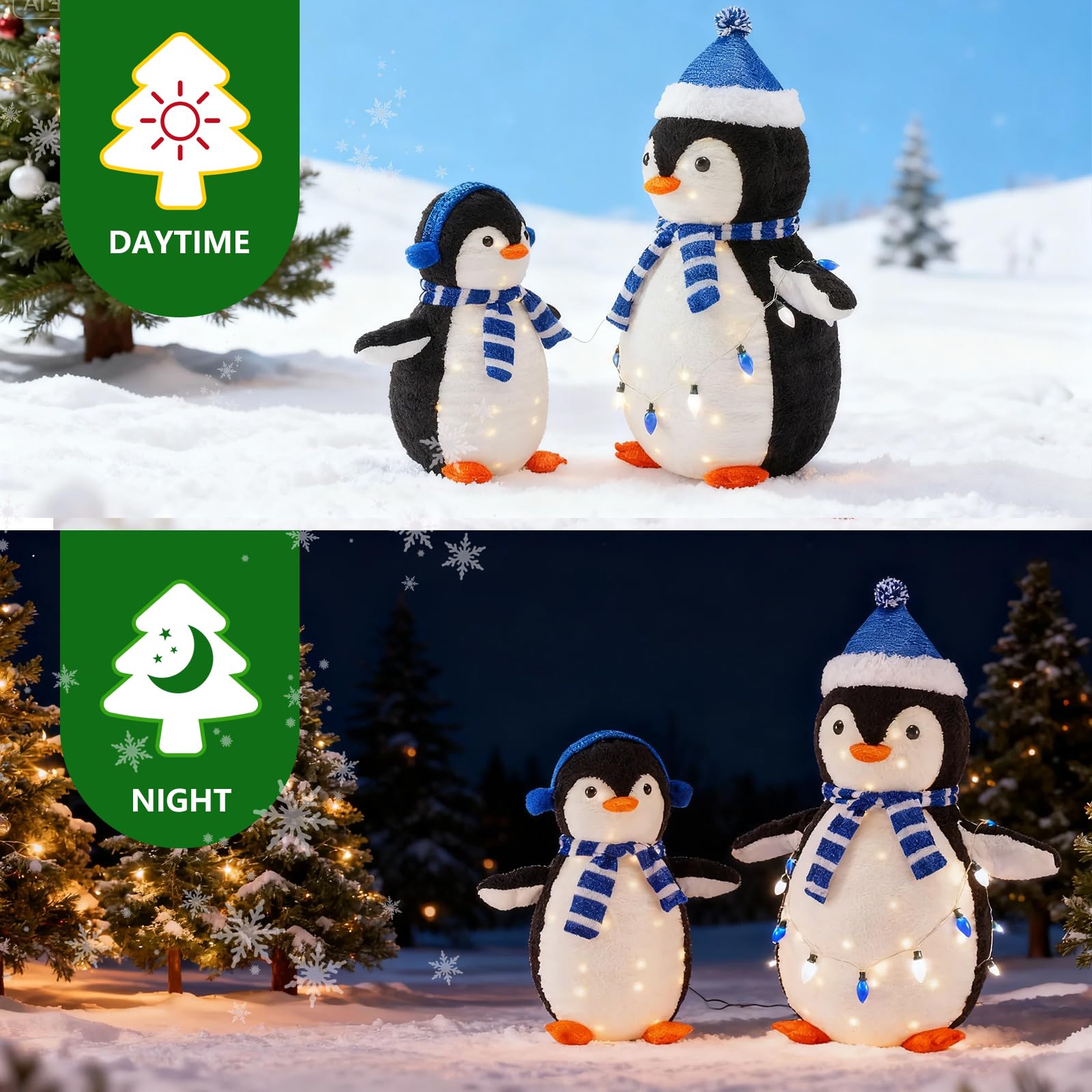 DUMOS 2-Piece Lighted Penguin Family Lovely Outdoor Christmas Decoration, Pop up Holiday Decor with 150 LED Lights for Yard, Garden, Storefront, White&Blue
