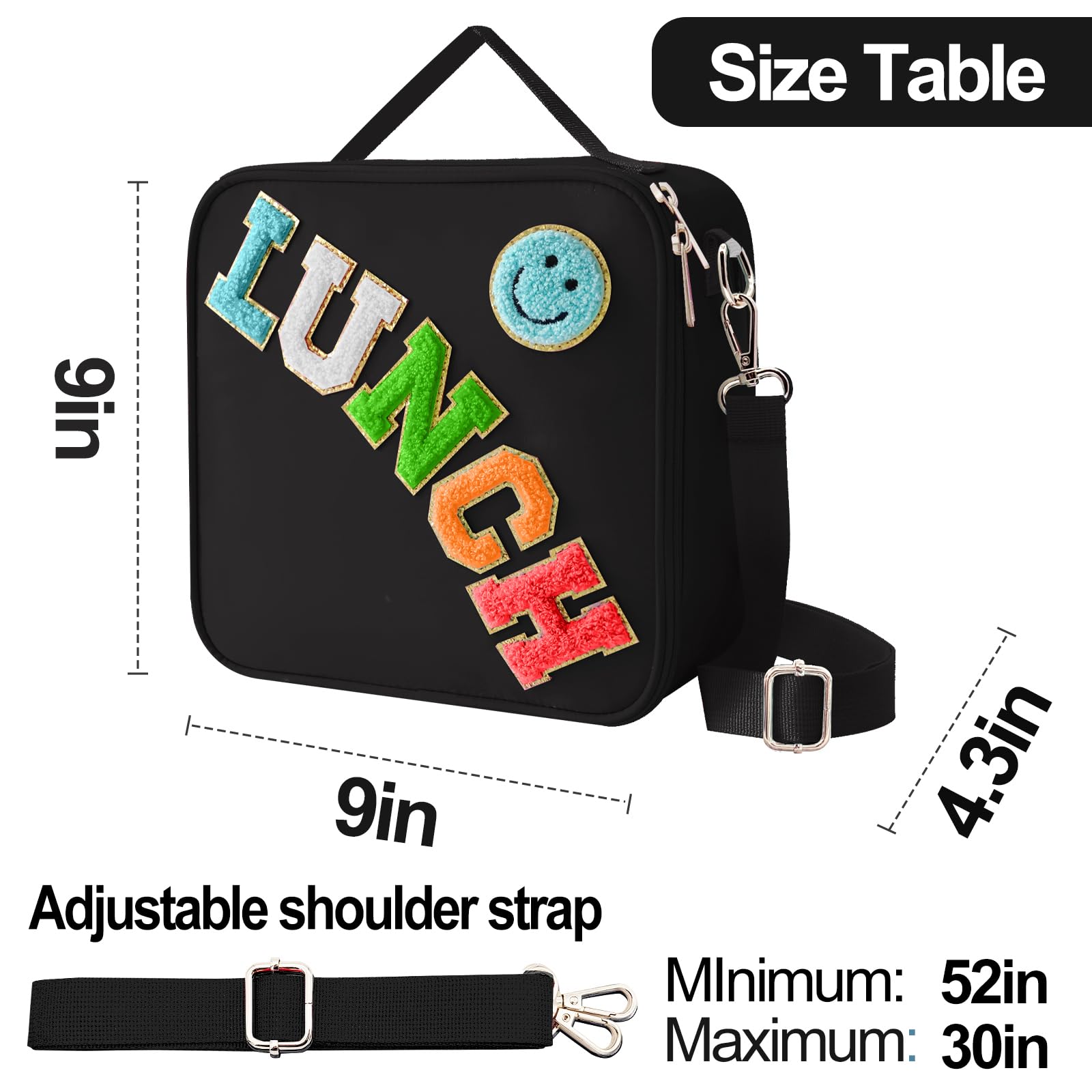 Insulated Lunch Bag With Adjustable Shoulder Strap, Nylon Preppy Lunch Box Large Insulated Lunch Bag Reusable Lunch Tote Bag with Smiley Preppy LunchBag for Girls School Travel Picnic (Purple)