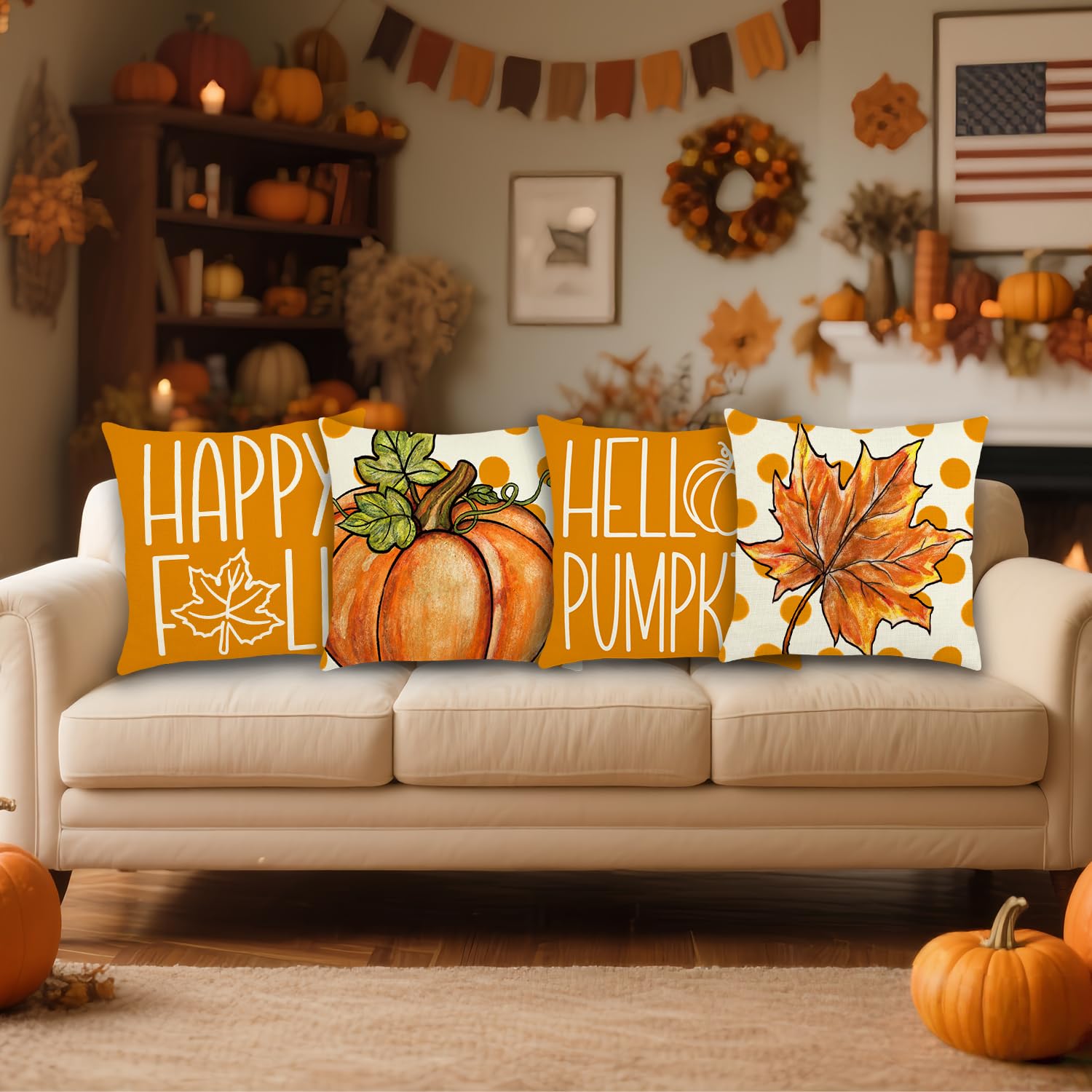 Fall Pillow Covers 18x18 Inch Autumn Pumpkin Maple Leaf Throw Pillowcase Orange Cushion Case for Thanksgiving Home Farmhouse Couch Sofa Bed Indoor Outdoor Decor (Set of 4)