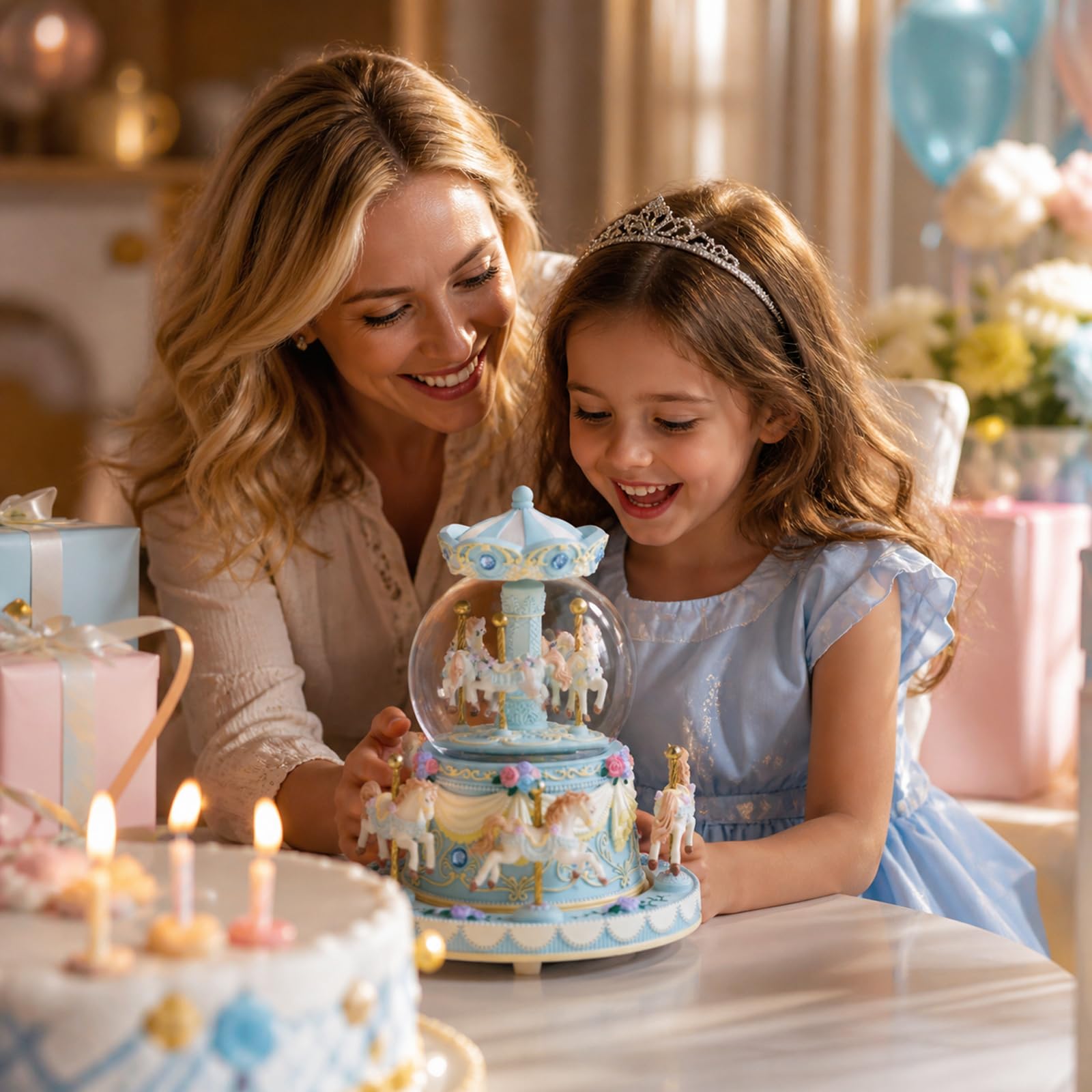 Blue Carousel Snow Globe Music Box with LED Lights, Rotating Horse Merry Go Round, Wind Up Musical Snow Globe Plays You are My Sunshine, Gift for Daughter Granddaughter Mom Women