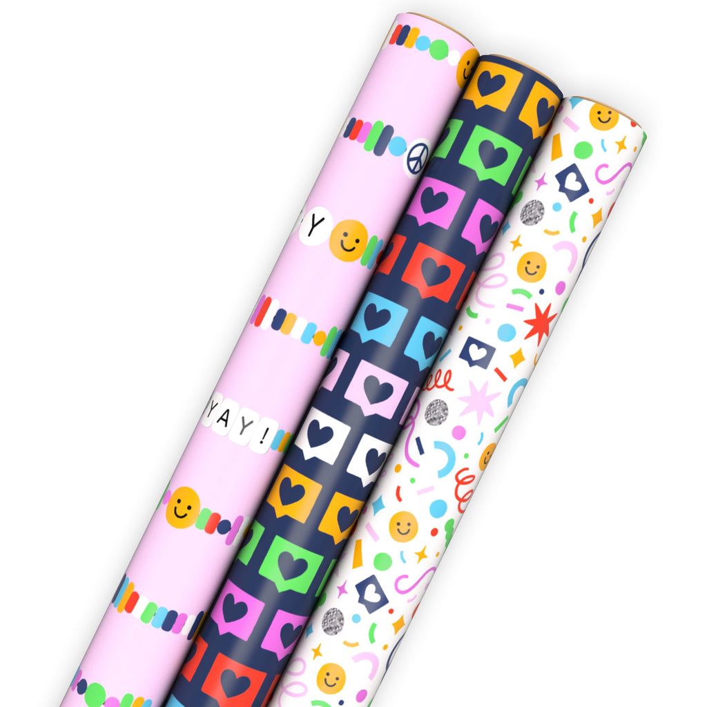 Hallmark Reversible Spring Wrapping Paper (3 Rolls: 75 Sq. Ft. Ttl) Floral, Lemons, Bright Abstract for Easter, Birthdays, Mother's Day, Bridal Showers, Baby Showers
