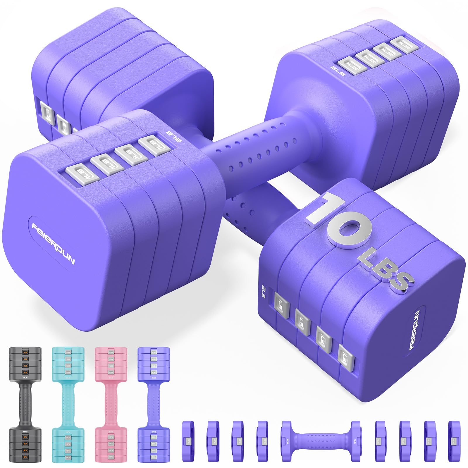 FEIERDUN DB3 5-in-1 Adjustable Dumbbell Set, 6LB/10LB Pair Adjustable Weights for Women at Home, Dual Locking Stable Hand Weights with TPU Soft Handle, Home Gym, Rehab, Pilates, Yoga, Strength Training