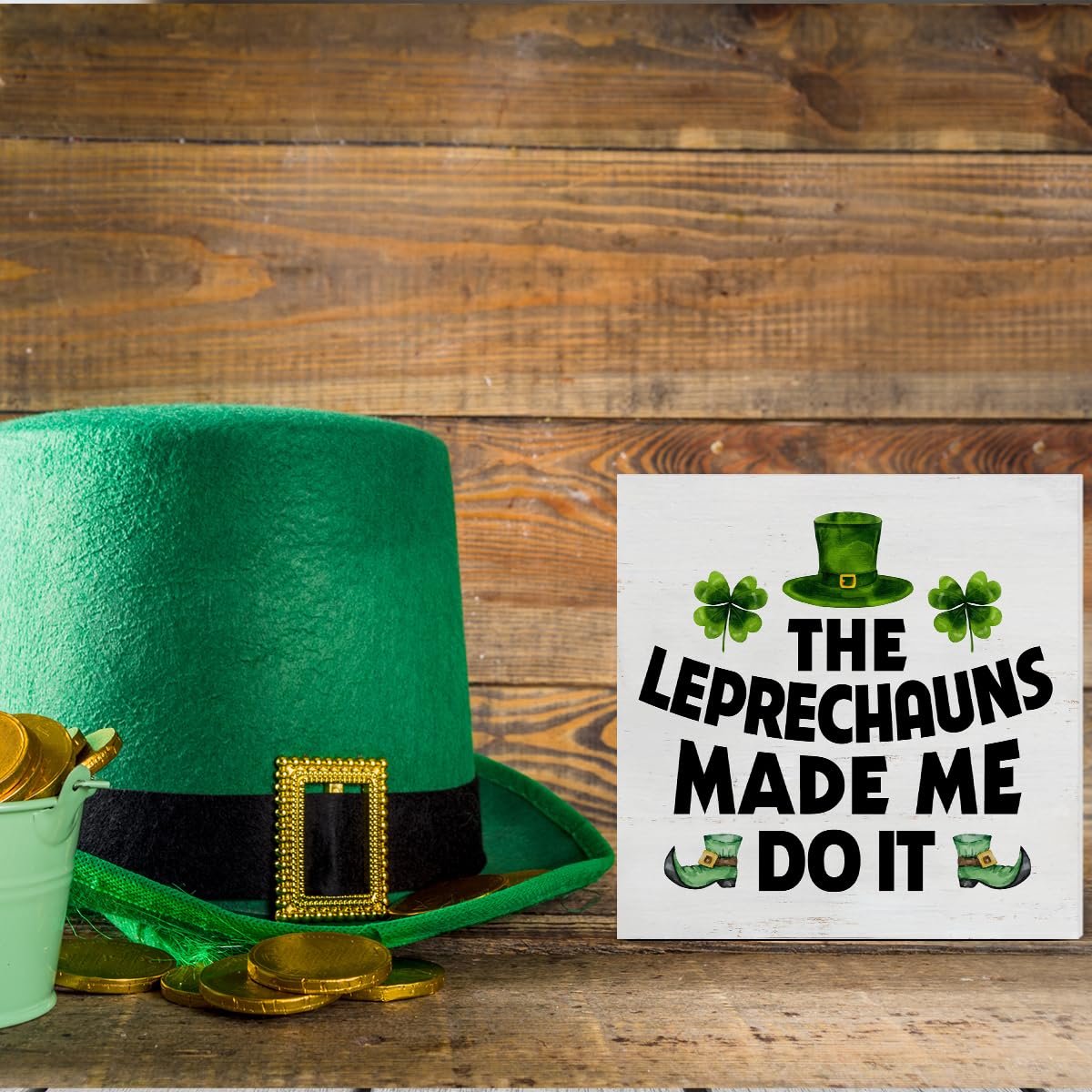 Dumyum St. Patrick's Day Decorative Sign, Wooden, 5 Inches x 5 Inches, Green, Rustic, Tabletop or Wall Mount