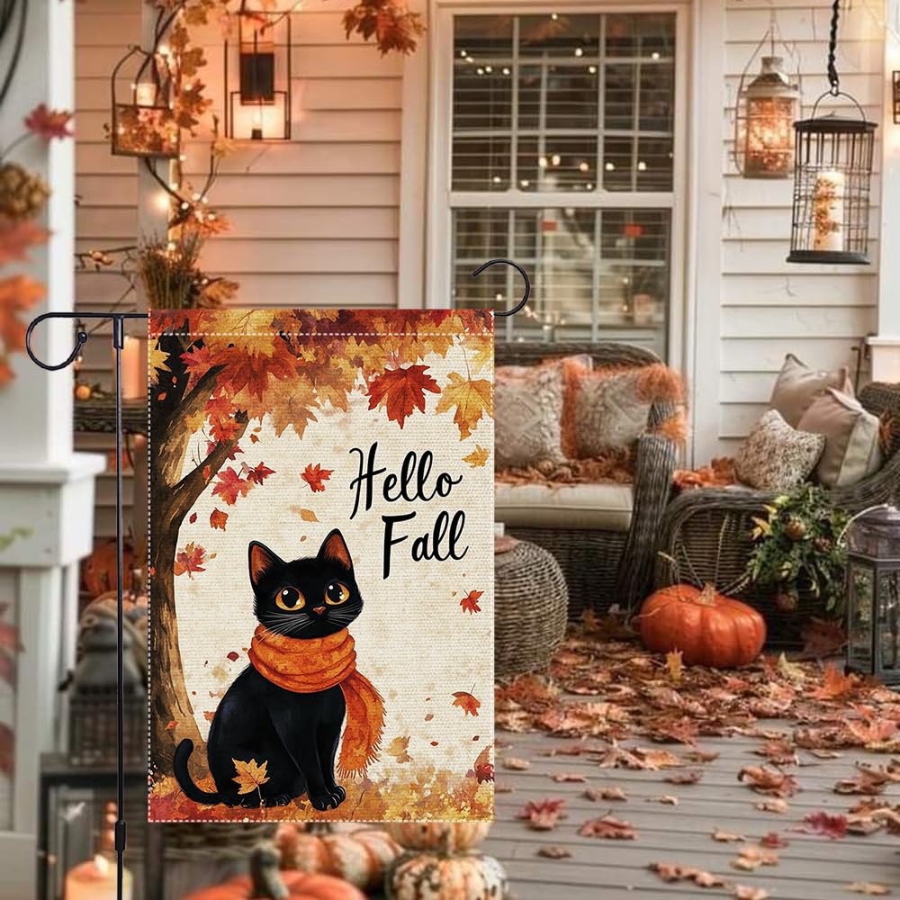 Hello Fall Garden Flag Cat Garden Flags 12x18 Inch Double Sided Vertical Autumn Farmhouse Home Decor Yard Lawn Outdoor Decorations