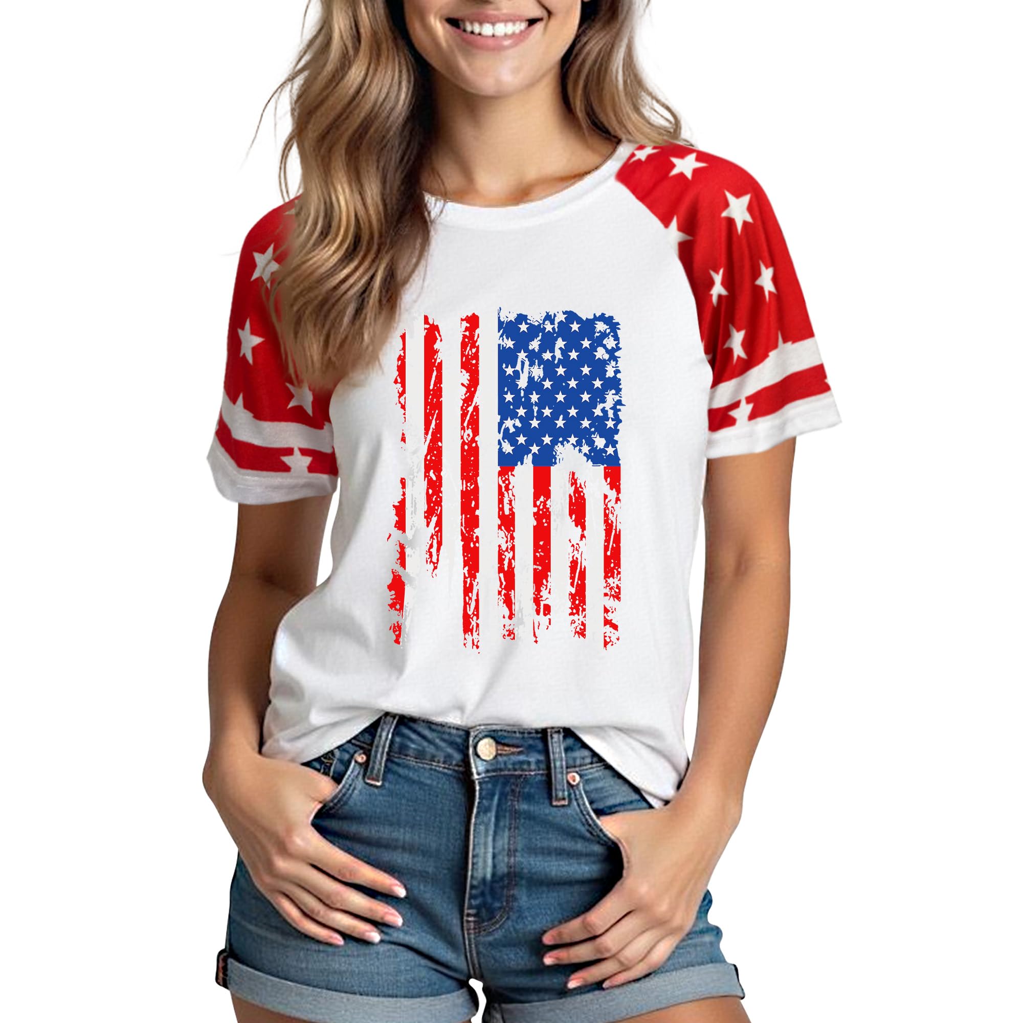 XLIEVO 4th of July Shirts Women:USA Color-Blocking Short-Sleeve American Flag Crew Neck Graphic Tee Patriotism T-Shirt