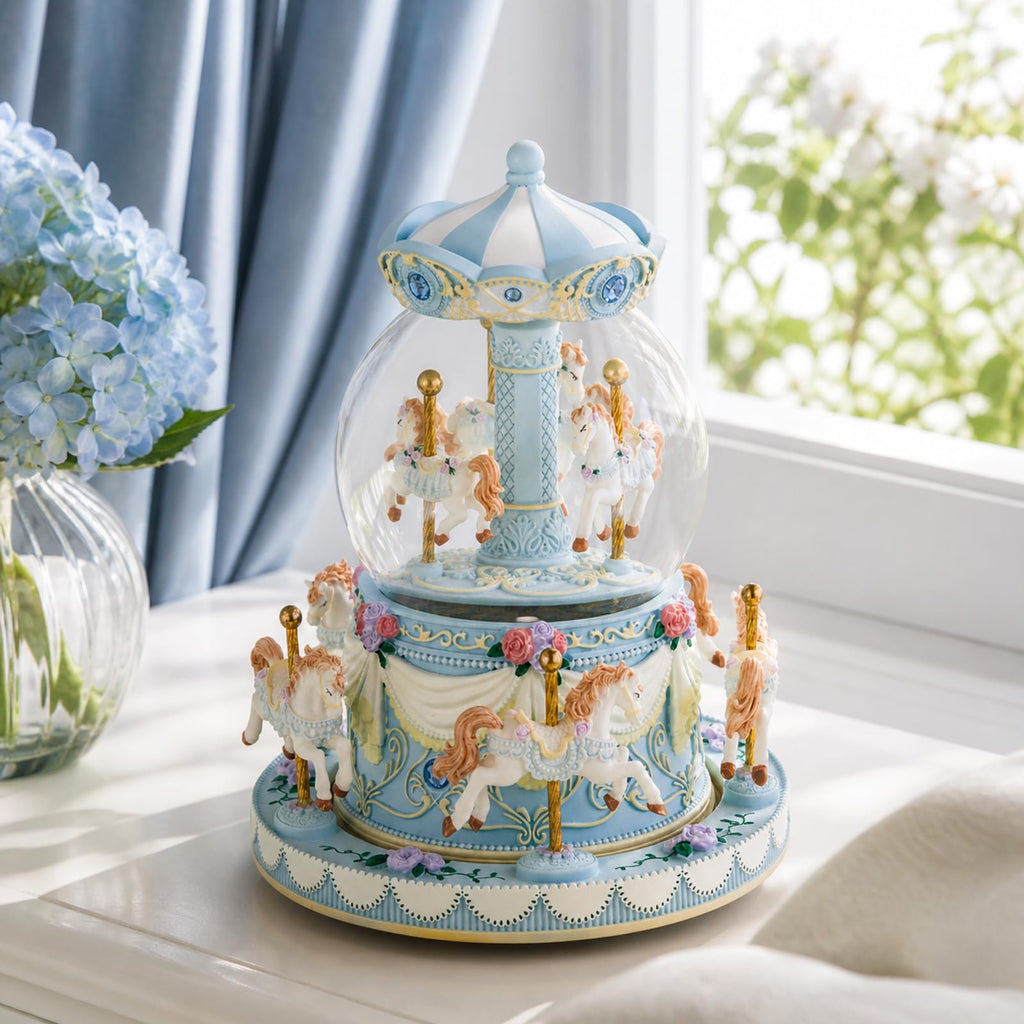 Blue Carousel Snow Globe Music Box with LED Lights, Rotating Horse Merry Go Round, Wind Up Musical Snow Globe Plays You are My Sunshine, Gift for Daughter Granddaughter Mom Women