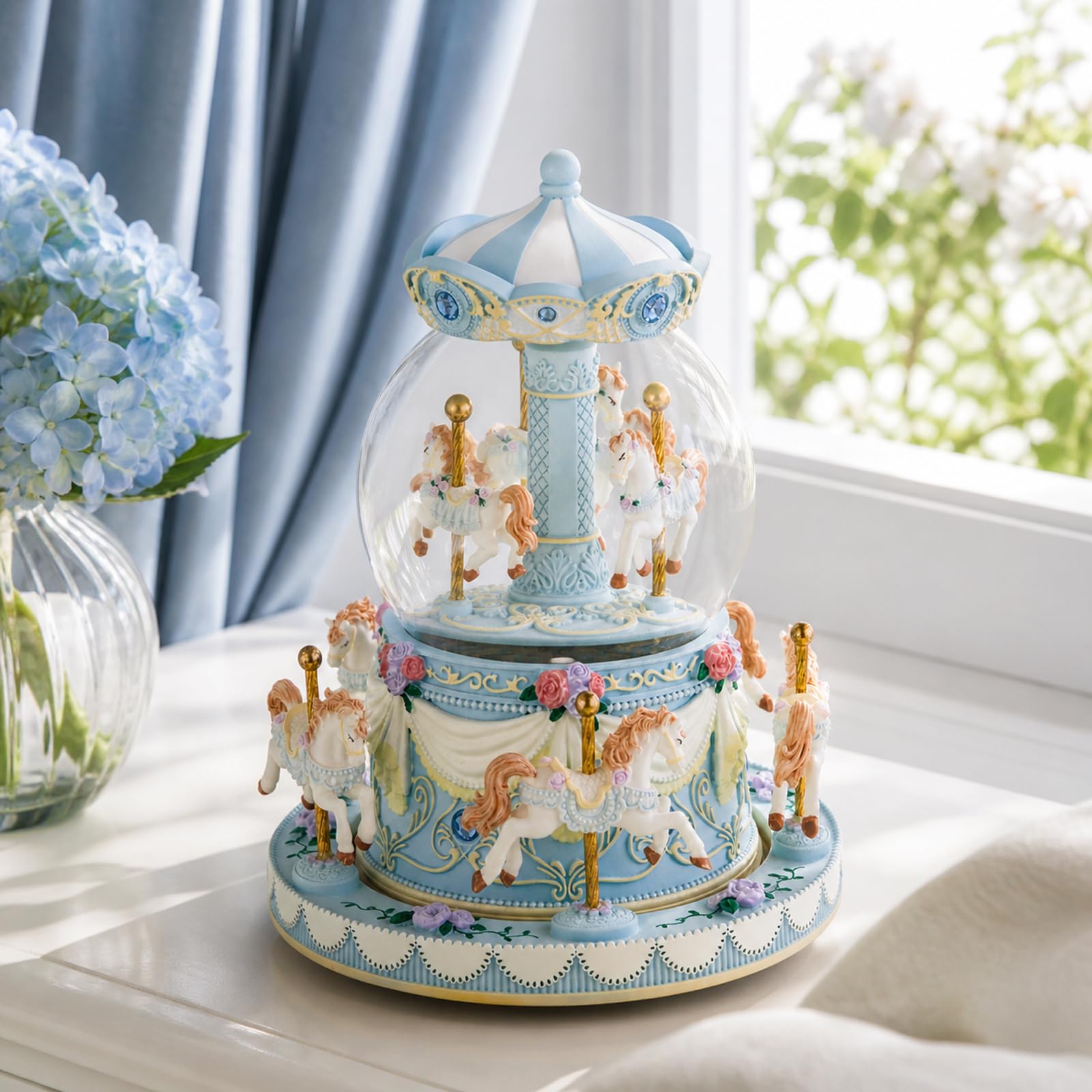 Blue Carousel Snow Globe Music Box with LED Lights, Rotating Horse Merry Go Round, Wind Up Musical Snow Globe Plays You are My Sunshine, Gift for Daughter Granddaughter Mom Women