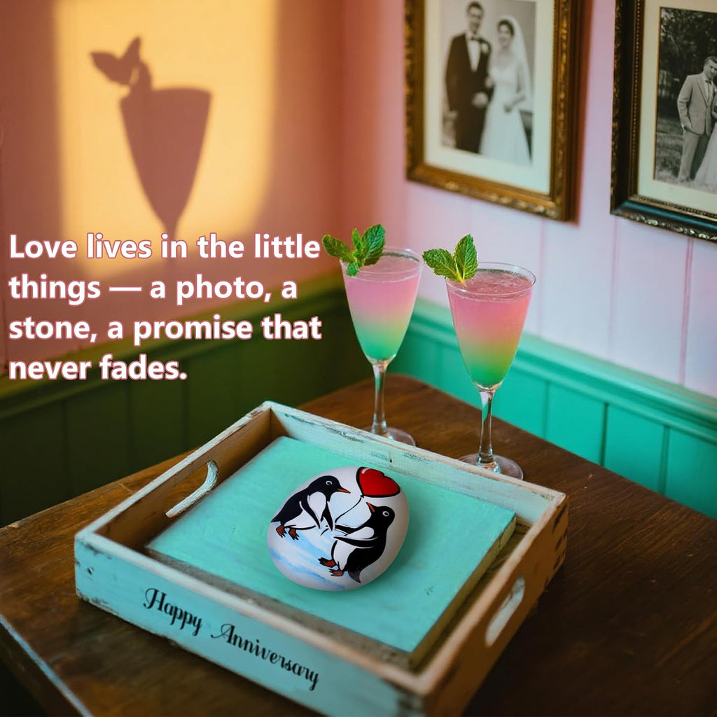 Penguin Love Stone Gift, Hand Painted Natural Pebble with “to My Love” and Penguin Story Card, Romantic Valentines or Anniversary Present for Boyfriend, Girlfriend, Husband, Wife