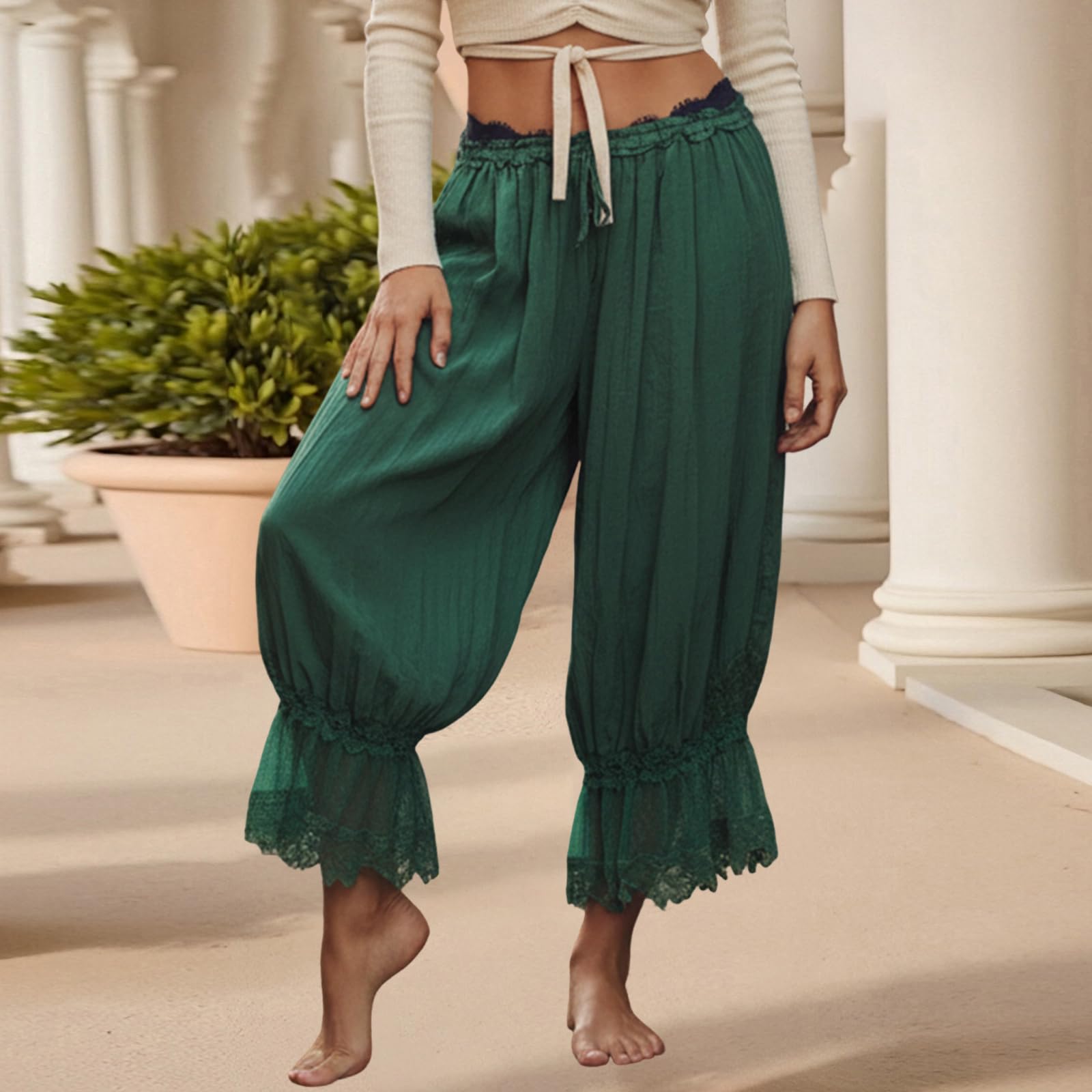 Women Bloomers Pants Y2K Flare Lace Trim Vintage Pantaloons Cute Ruffled Pumpkin Pants Capri Pajama Bottoms