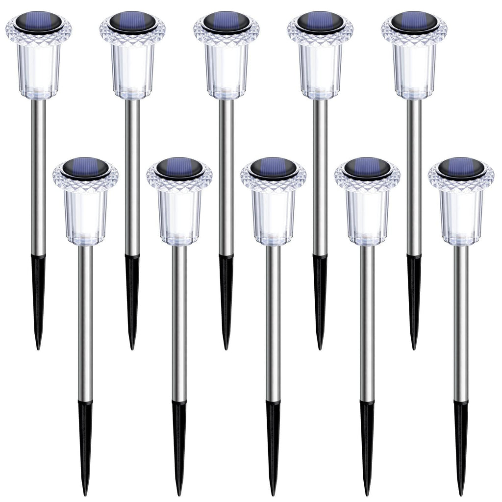 DenicMic Solar Lights Outdoor 10 Pack Waterproof 6000K Cold White LED Stainless Steel Stake Outside Lights for Yard Pathway Garden Driveway Walkway Landscape Path Lighting