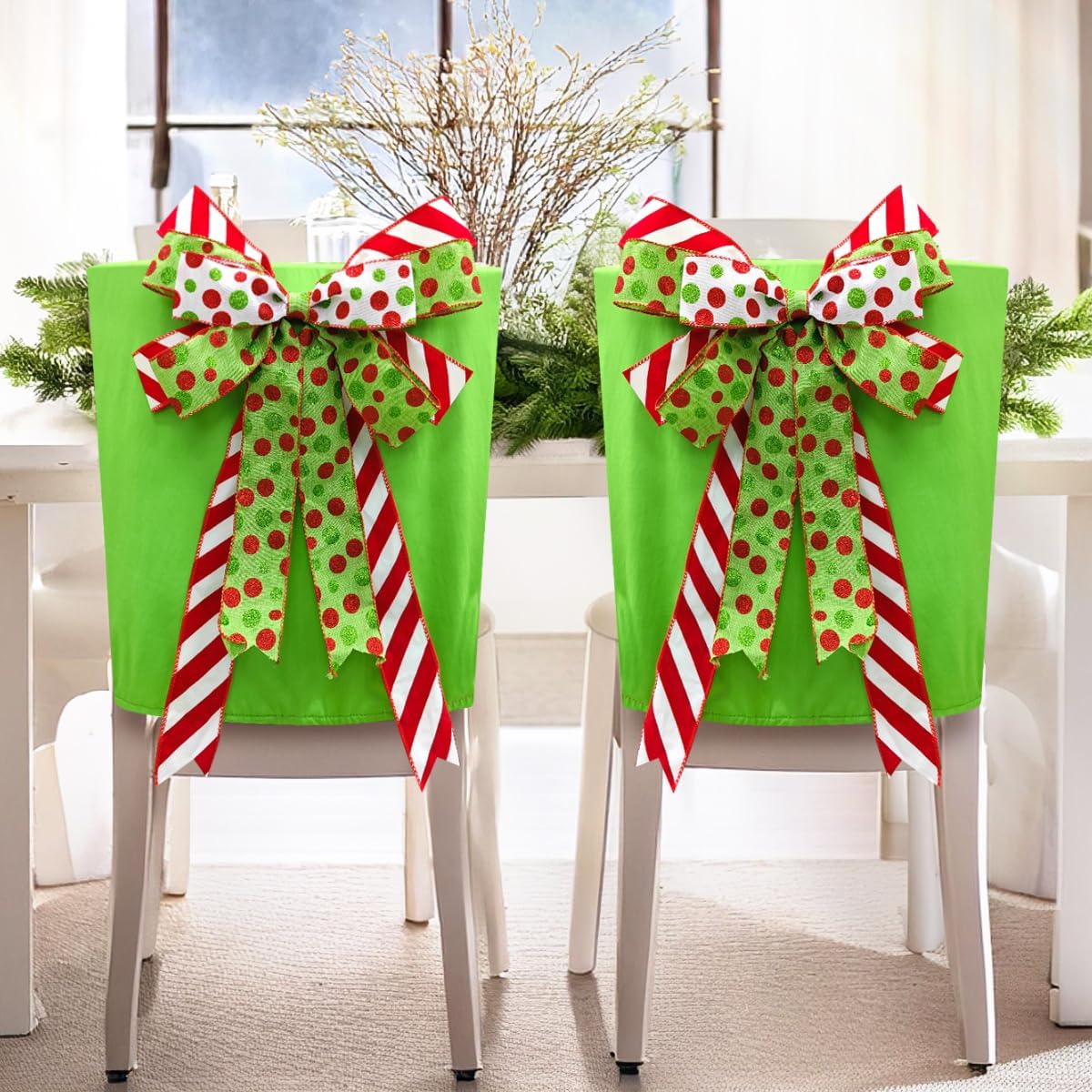 MelonBoat Christmas Chair Back Covers: 4Pcs Green Red Bows Dining Chair Covers, Chair Back Covers for Xmas Holiday Home Kitchen Decorations Dining Room, Office