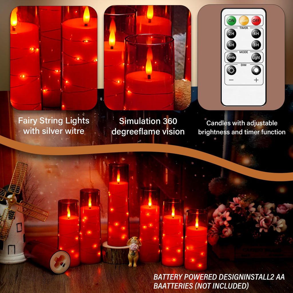 kakoya Flameless LED Candles with Timer 5 Pc Flickering Flameless Candles for Romantic Ambiance and Home Decoration Stable Acrylic Shell,with Embedded Star String，Battery Operated Candles（Red）