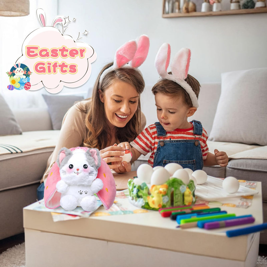 MIAODAM Bunny Stuffed Animal Reversible Cuddle Bunny Stuffed,Strawberry Bunny Transformed Rabbit Plush Zipper,Turns Into Ears Bunnies Plushies Toy Cute Stuffy Doll Easter