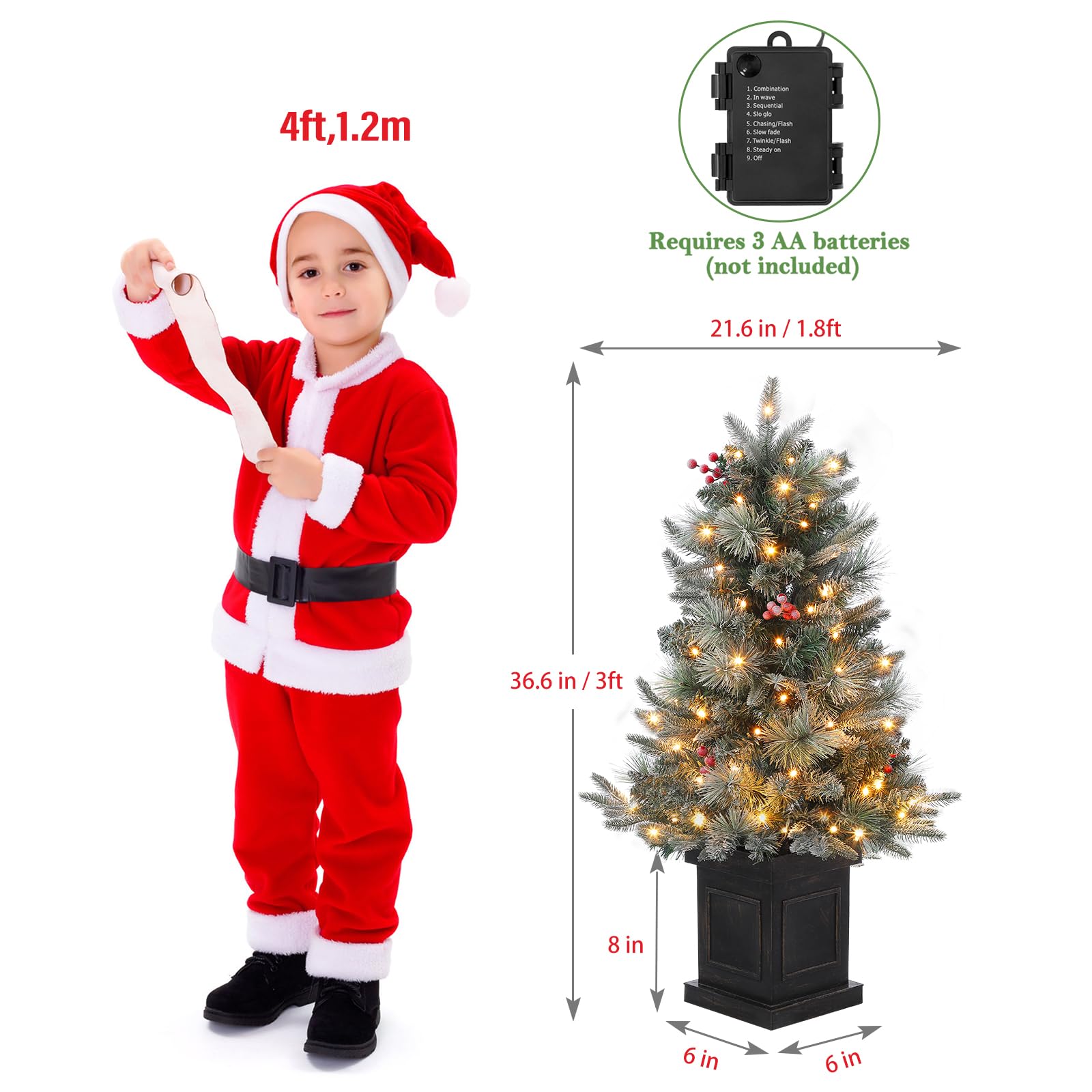 3FT Prelit Premium Snow Flocked Artificial Christmas Tree with Warm White LED, Mini Prelit Xmas Pine Tree for Christmas Decoration,Yard,Home,Office,Outdoor,Indoor,8 Mode Snowflake White Base- 1PC