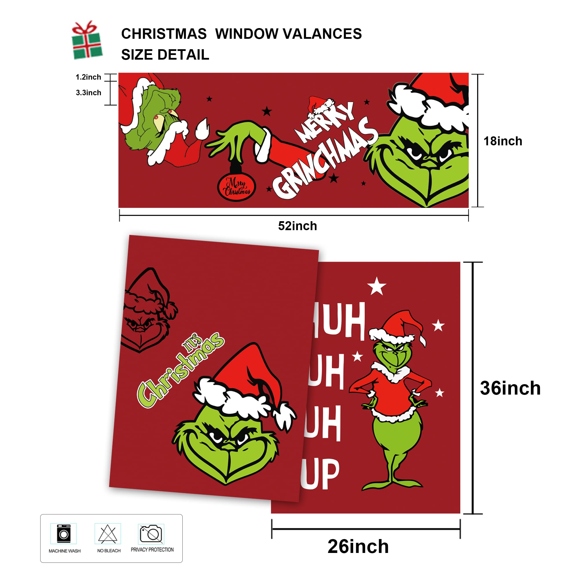Christmas Kitchen Curtain Valances Winter Holiday Festive Small Window Decoration, Red and Green Farmhouse Xmas Design, 52x18inchx1, 26x36inchx2, 3 Panel, Rod Pocket
