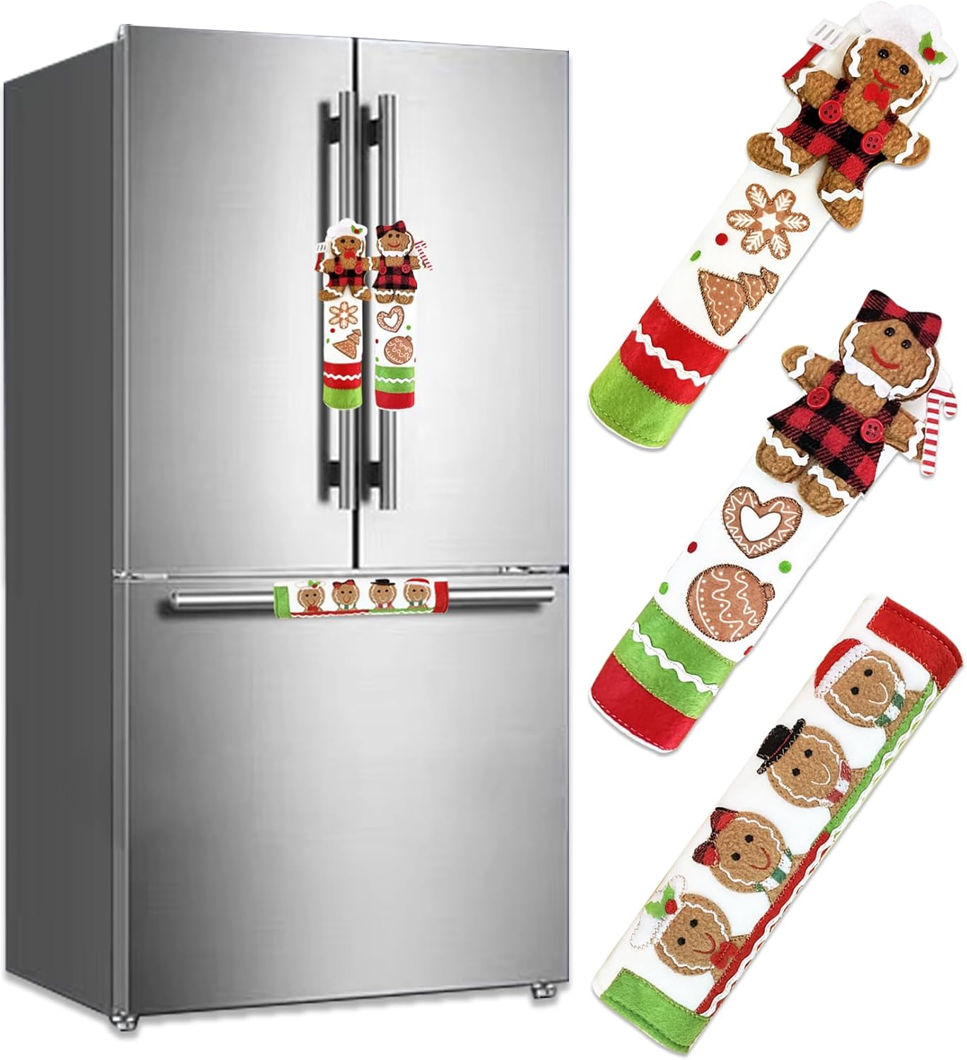 PTFNY 3 Piece Set Christmas Gingerbread Refrigerator Door Handle Covers Appliance Handle Covers Christmas Gingerbread Decorations Fits Standard Size Kitchen Refrigerator Microwave Oven Or Dishwasher