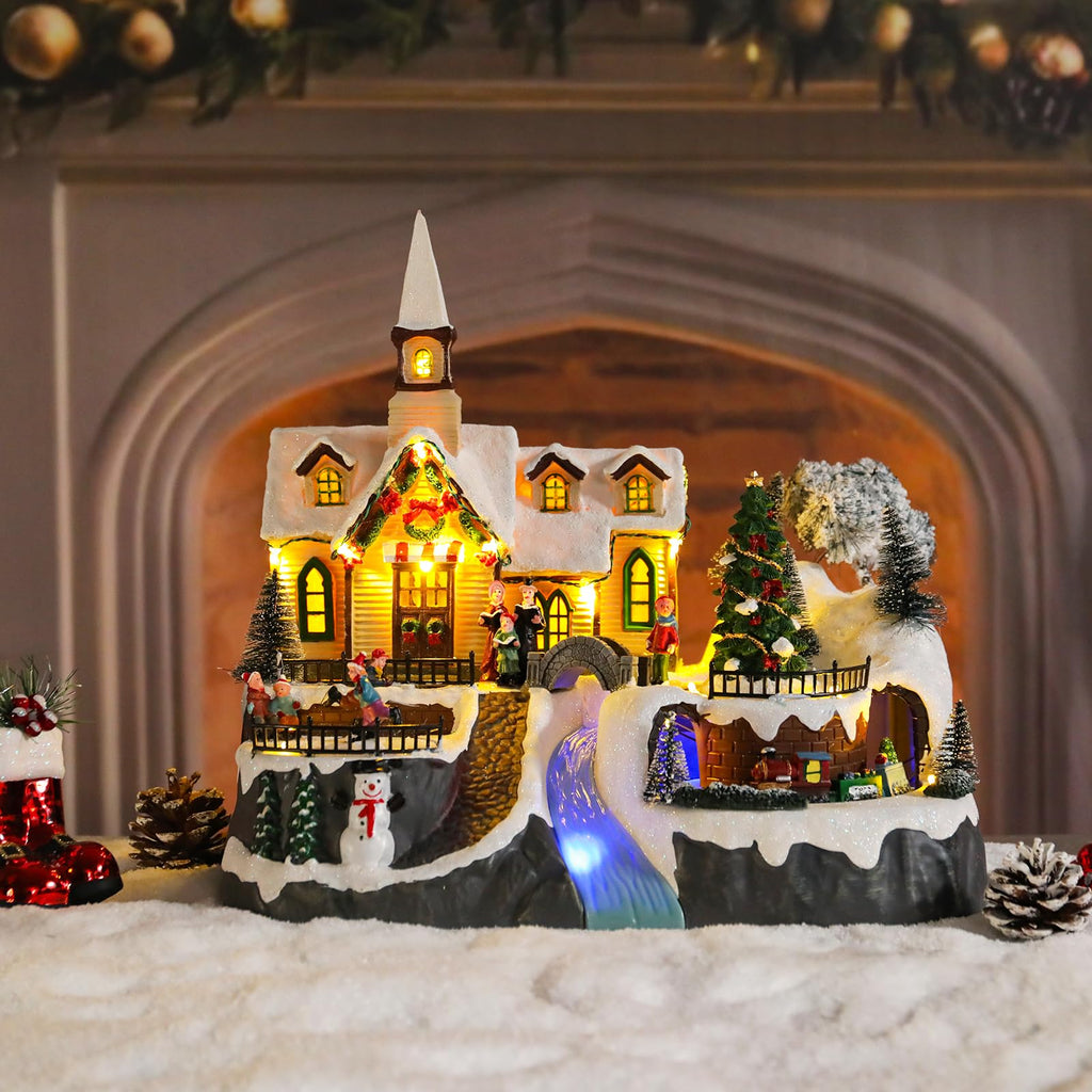 Christmas Village House Musical Christmas Collectible Buildings Church Train Snowman Children Skating with LED Lights Vacation Village with USB Indoor Figurines Indoor Tabletop Decoration
