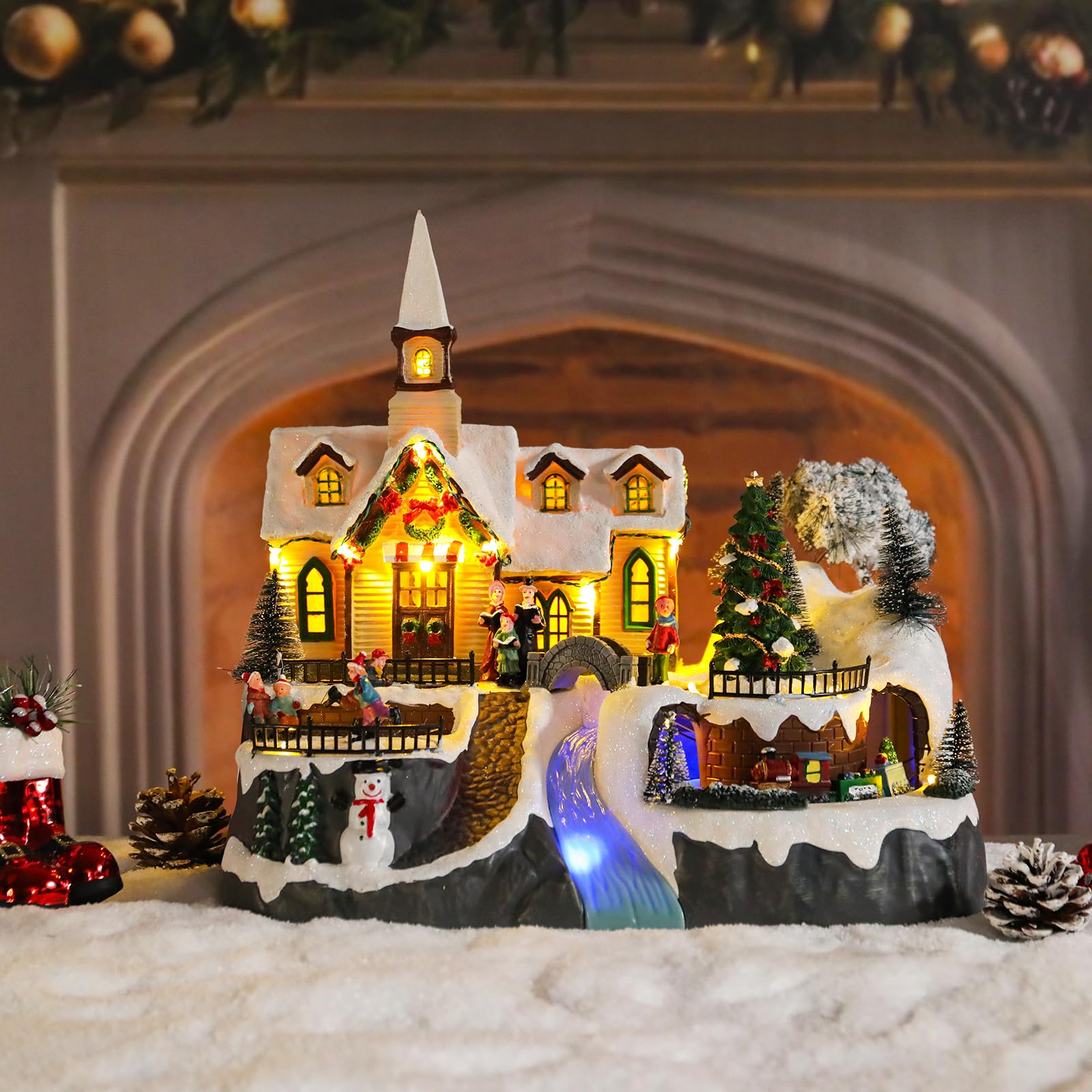 Christmas Village House Musical Christmas Collectible Buildings Church Train Snowman Children Skating with LED Lights Vacation Village with USB Indoor Figurines Indoor Tabletop Decoration