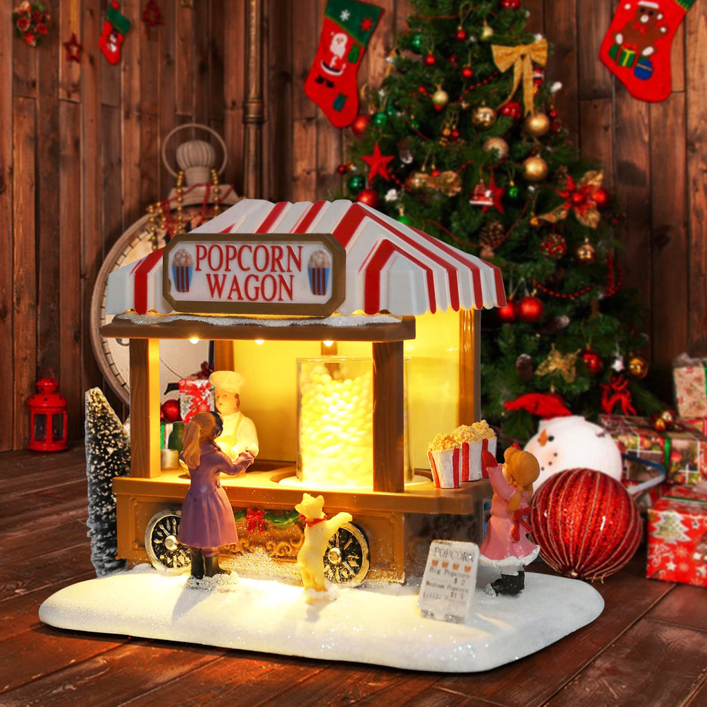 Christmas Village House Musical Christmas Collectible Buildings Church Train Snowman Children Skating with LED Lights Vacation Village with USB Indoor Figurines Indoor Tabletop Decoration