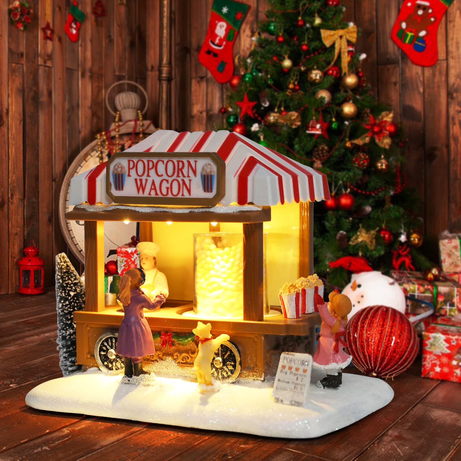 Christmas Village House Musical Christmas Collectible Buildings Church Train Snowman Children Skating with LED Lights Vacation Village with USB Indoor Figurines Indoor Tabletop Decoration