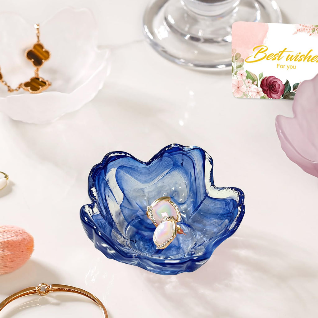 Purple Flower Jewelry Dish Glass Ring Holder Dish Jewelry Tray Cute Vanity Organizer Aesthetic Nightstand Bathroom Room Decor Trinket Dish Mothers Day Friendship Christmas Birthday Gifts for Women