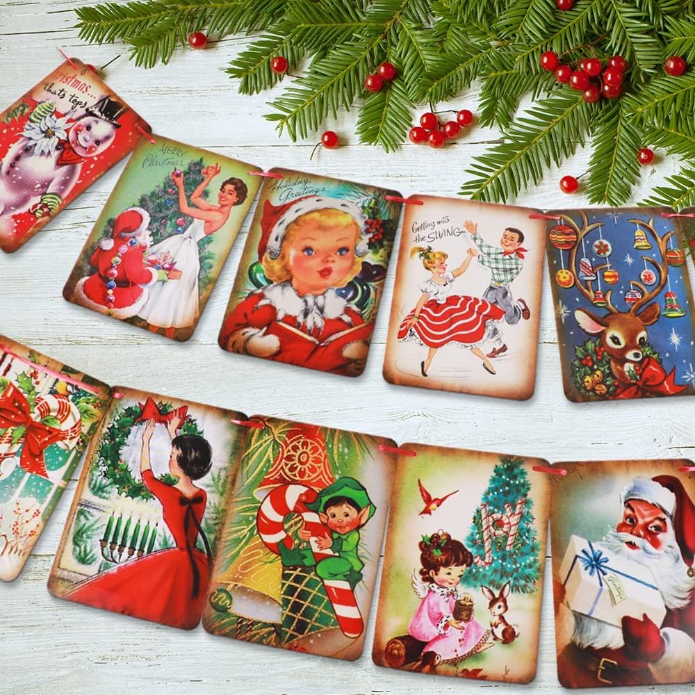 Christmas Decorations Vintage Style Christmas Banner,Traditional Victorian X-mas Bunting, Vintage Style Santa X-mas Decorations Indoor for Home Office Party Fireplace Mantle