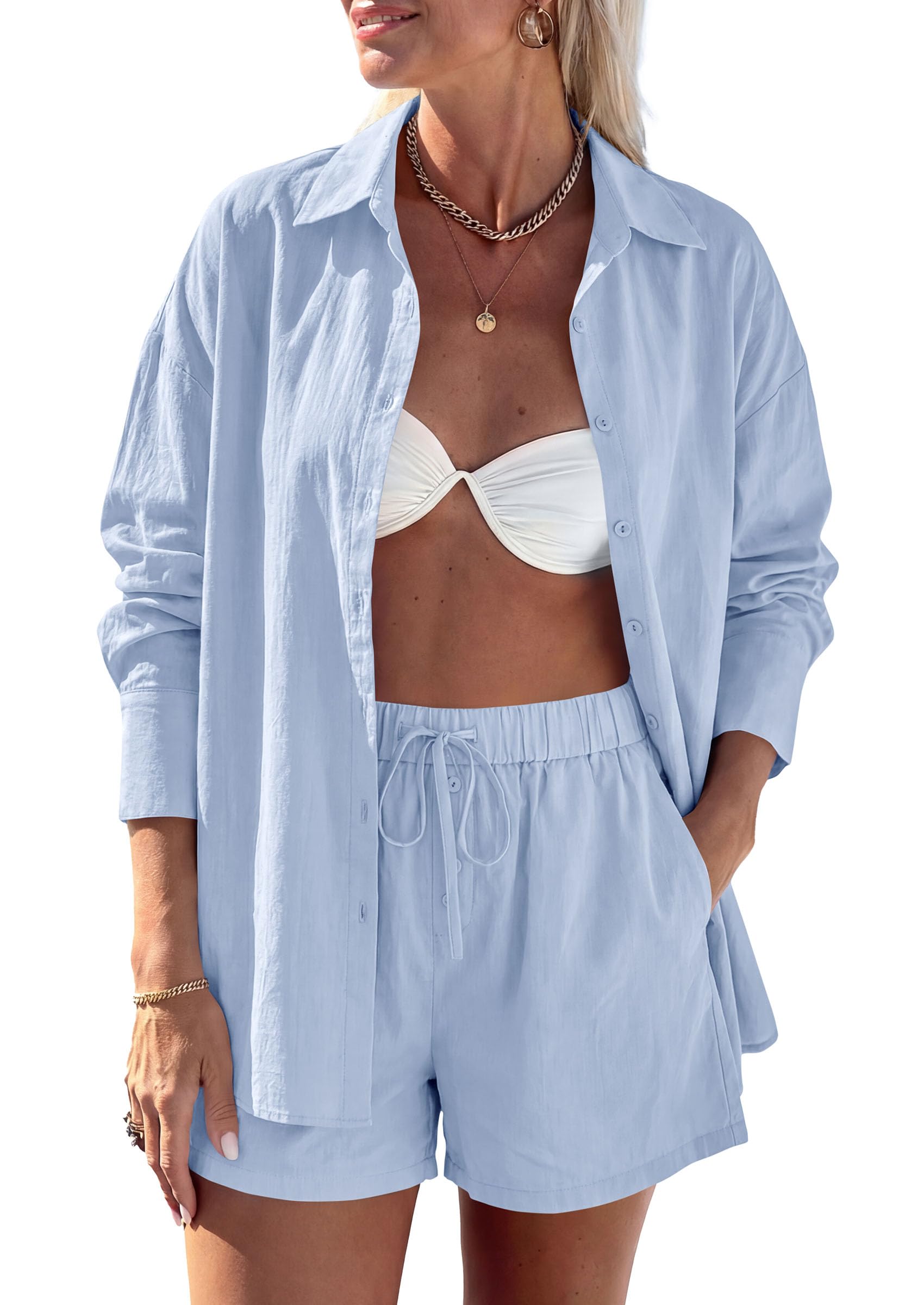 PRETTYGARDEN Women's Summer 2 Piece Matching Lounge Sets Pajamas Long Sleeve Shirts Blouse Pockets Shorts 2026 Spring Outfits