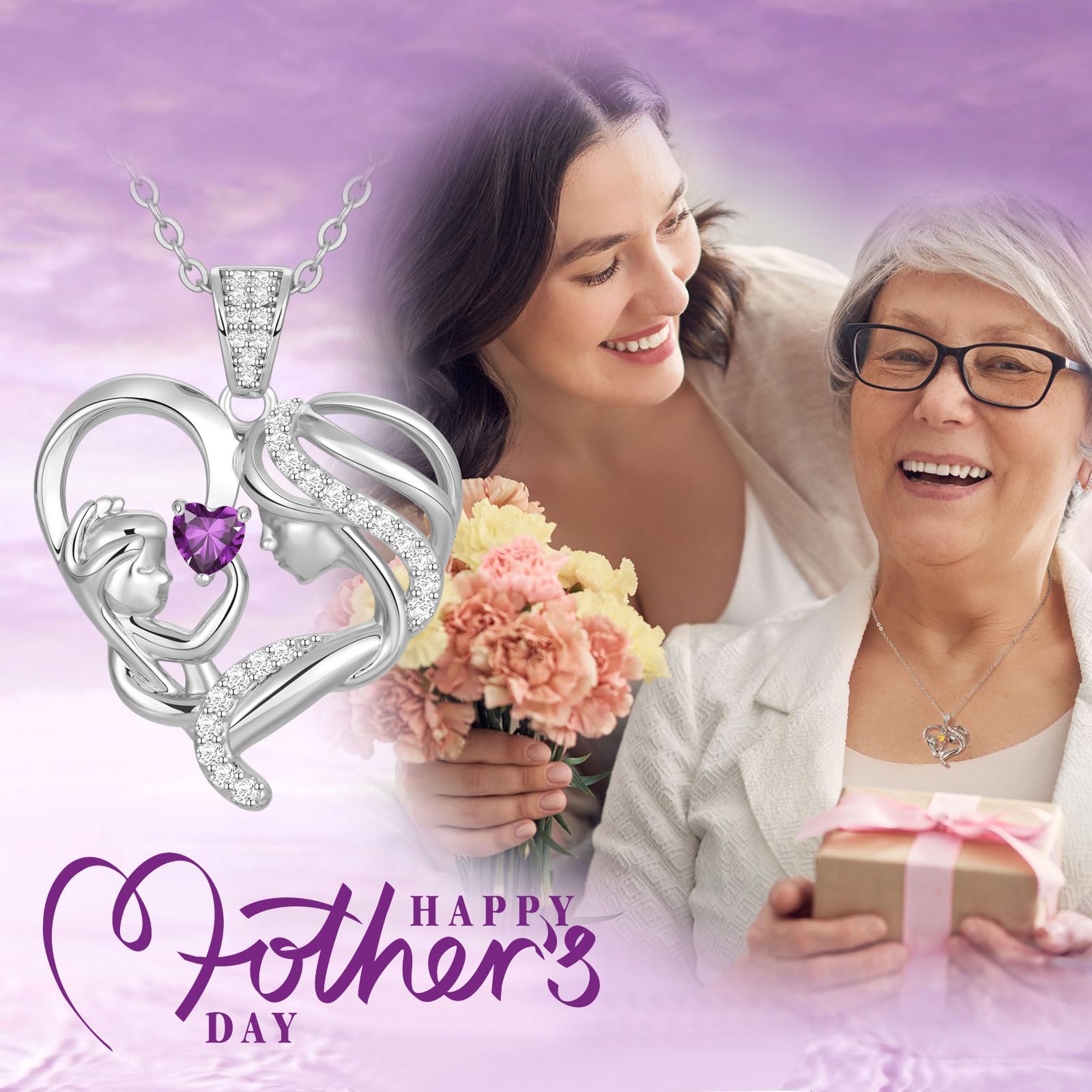Mothers Day Gifts for Mom Wife Her Grandma, S925 Sterling Silver Birthstone Necklaces Jewelry for Women, Mother's Day Love Heart Pendant Necklace for Anniversary Birthday Christmas Day