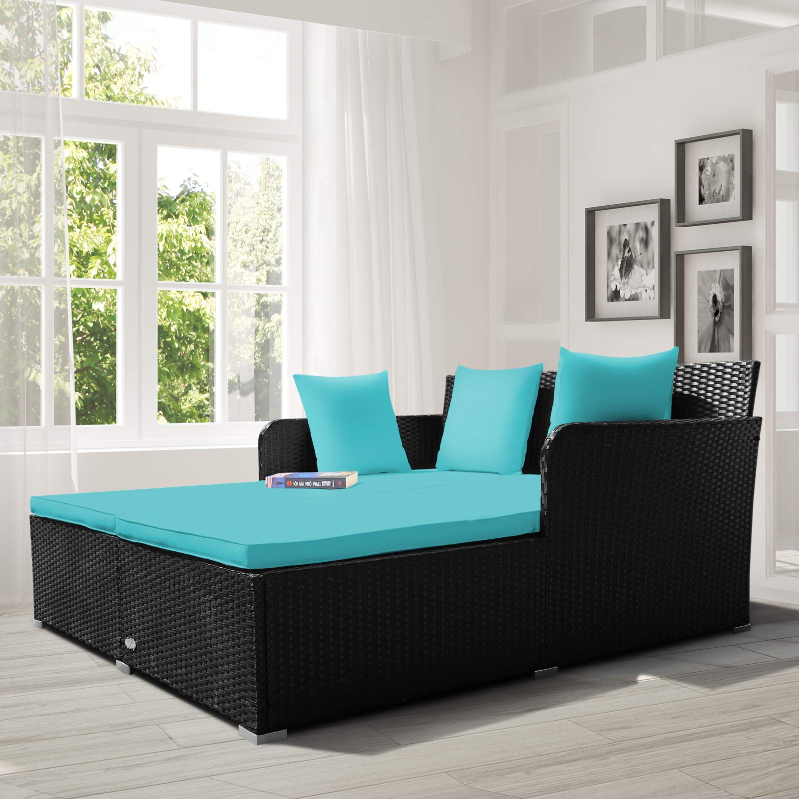 Tangkula Patio Rattan Daybed with Retractable Canopy, Outdoor Wicker Sunbed Lounger with 2 Foldable Side Tables, Thick Seat & Back Cushions, Outside Double Daybed for Garden, Backyard, Porch