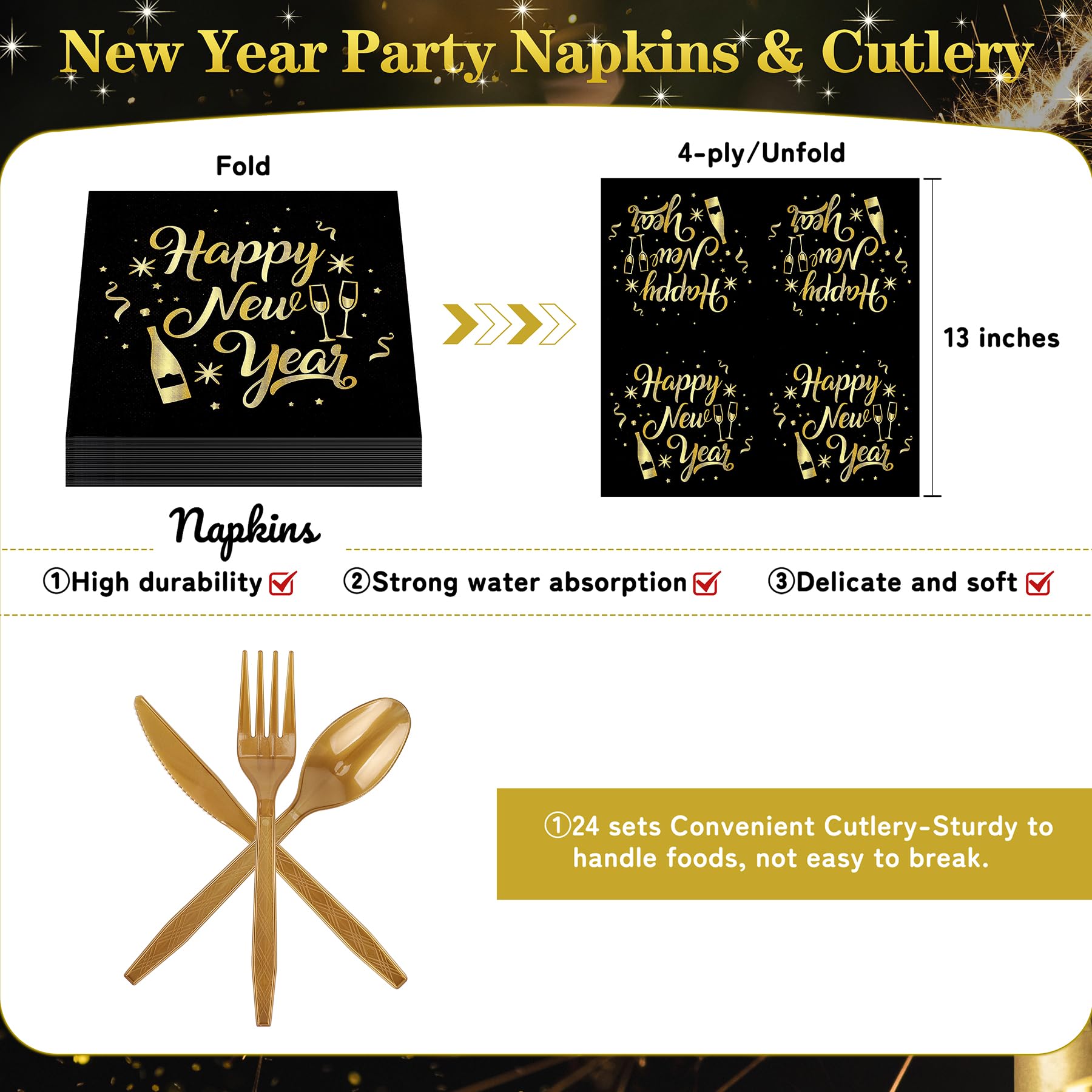 168pcs Happy New Year Party Supplies, Black and White Paper Plates Napkins Cups and Transparent Gold Cutlery for 24 Guests, 2026 New Year Disposable Tableware Supplies for Party Decorations
