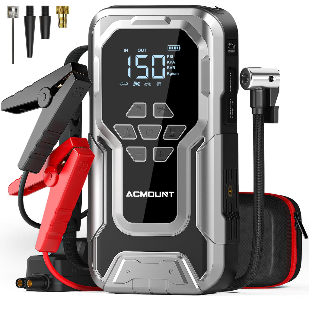 Acmount D18 Jump Starter with Air Compressor, 6000A Car Battery Jumper Starter Portable(All Gas/10.0L Diesel), 150PSI Tire Inflator Air Pump, 12V Jump Pack, 800LM Flashlight, Car Gift for Man