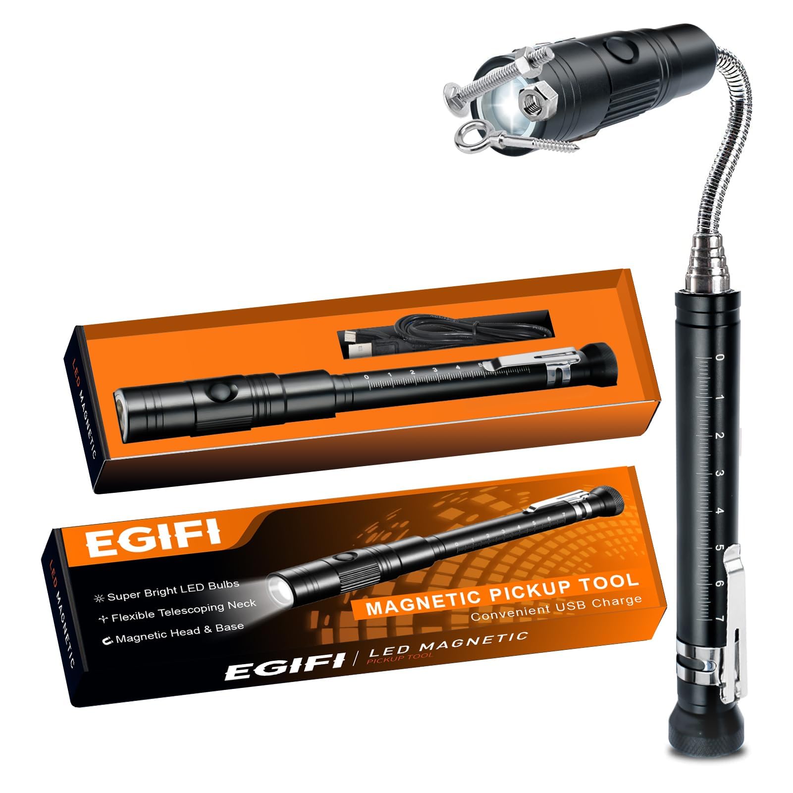 Telescoping Magnetic Pickup Tool Set with 1 & 15 lb Pick Up Sticks, Round and Square Adjustable Inspection Mirror and Flexible LED Flashlight, Fathers Day Dad Gifts for Men, Dad, Husband