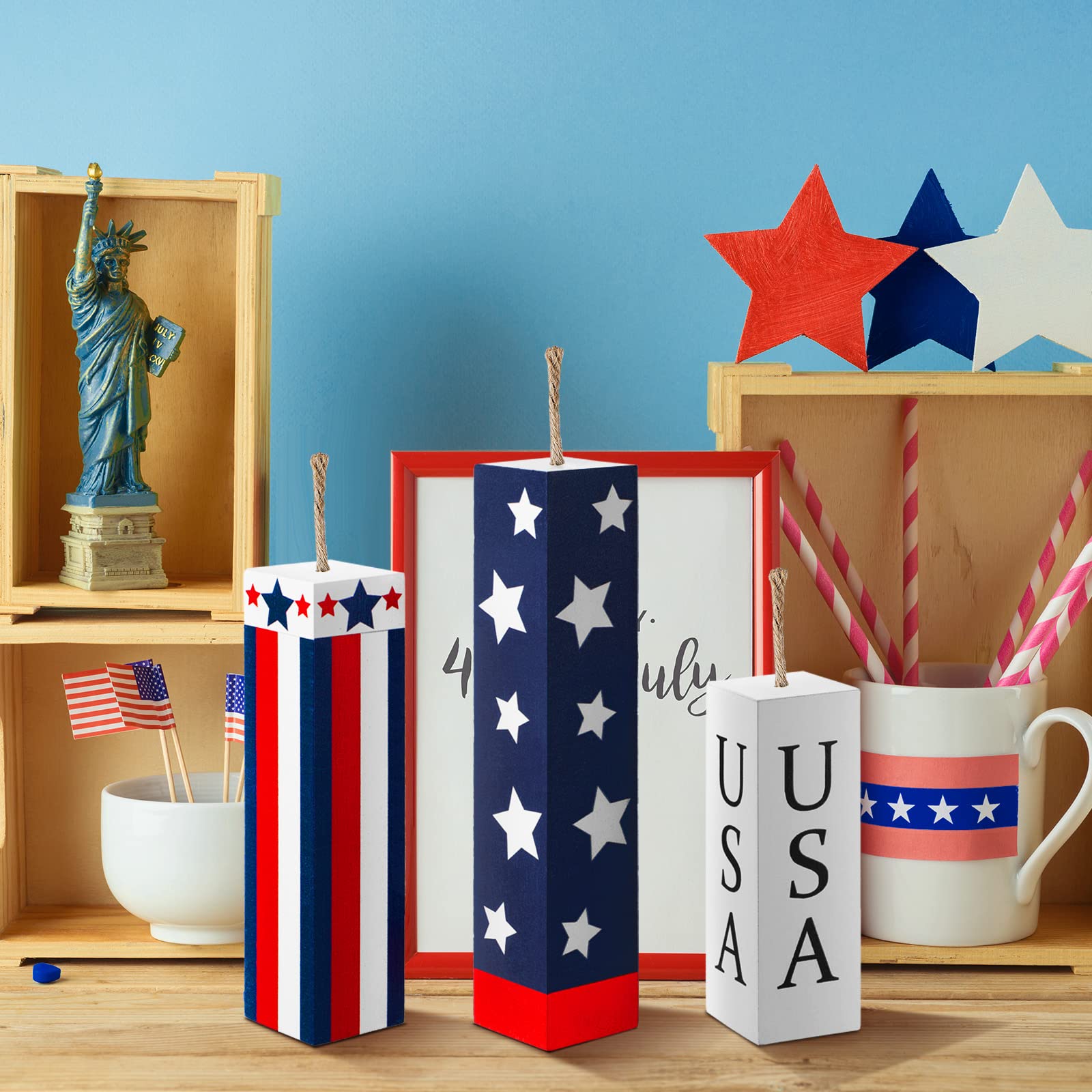 Amyhill 3 Pcs 4th of July Decorations Set Wooden Patriotic Table Centerpieces Independence Day Wood Firework Fourth of July Table Signs for 250th Anniversary Home Farmhouse Decor (Flag)