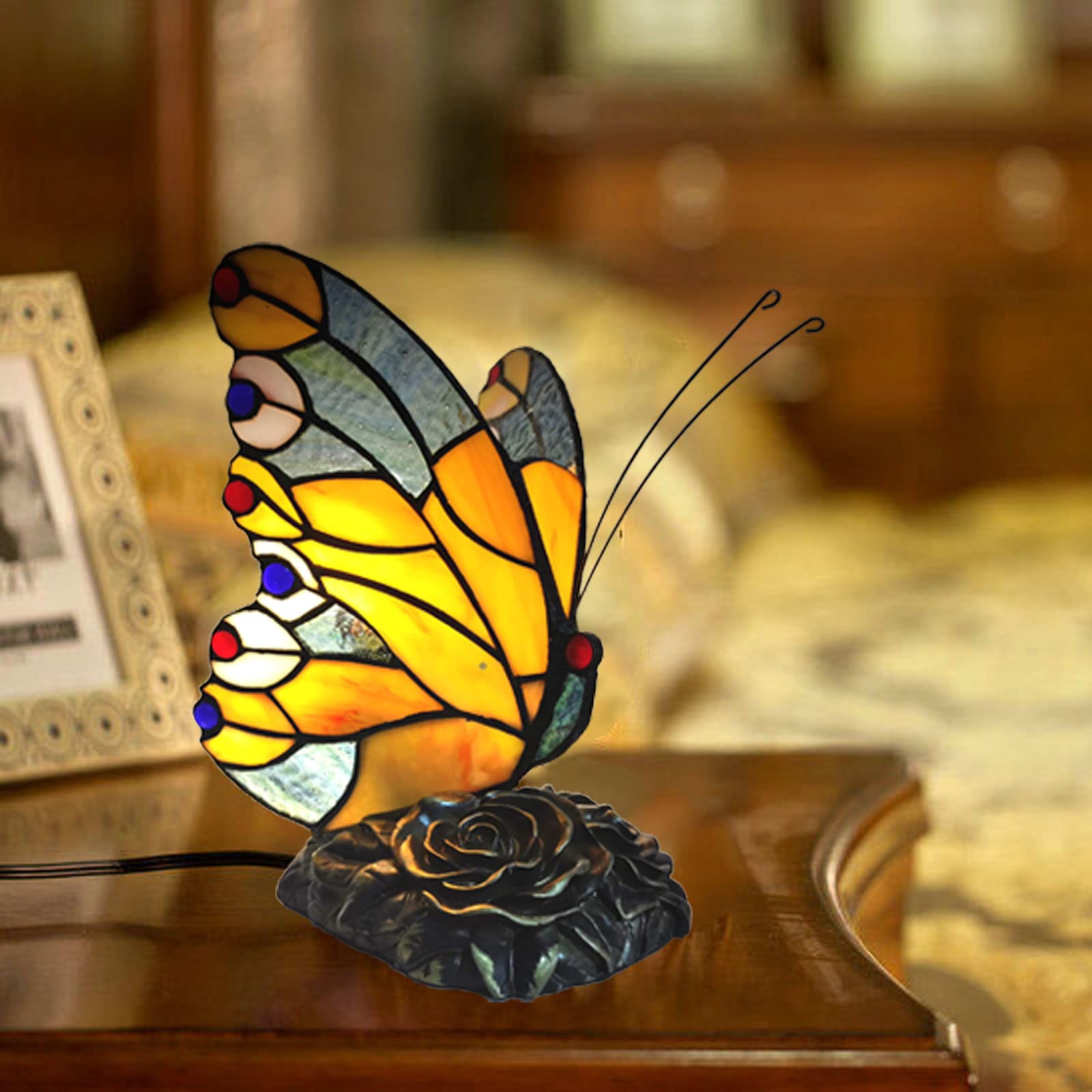 Bedside Table Lamp LED Tiffany Blue Fairy Butterfly Nightstand Table Lamps Stained Glass Shade ON Off Switch Home Office Desk Lamp Night Light Girl Grandma Mothers Day Gifts W/Gift Box