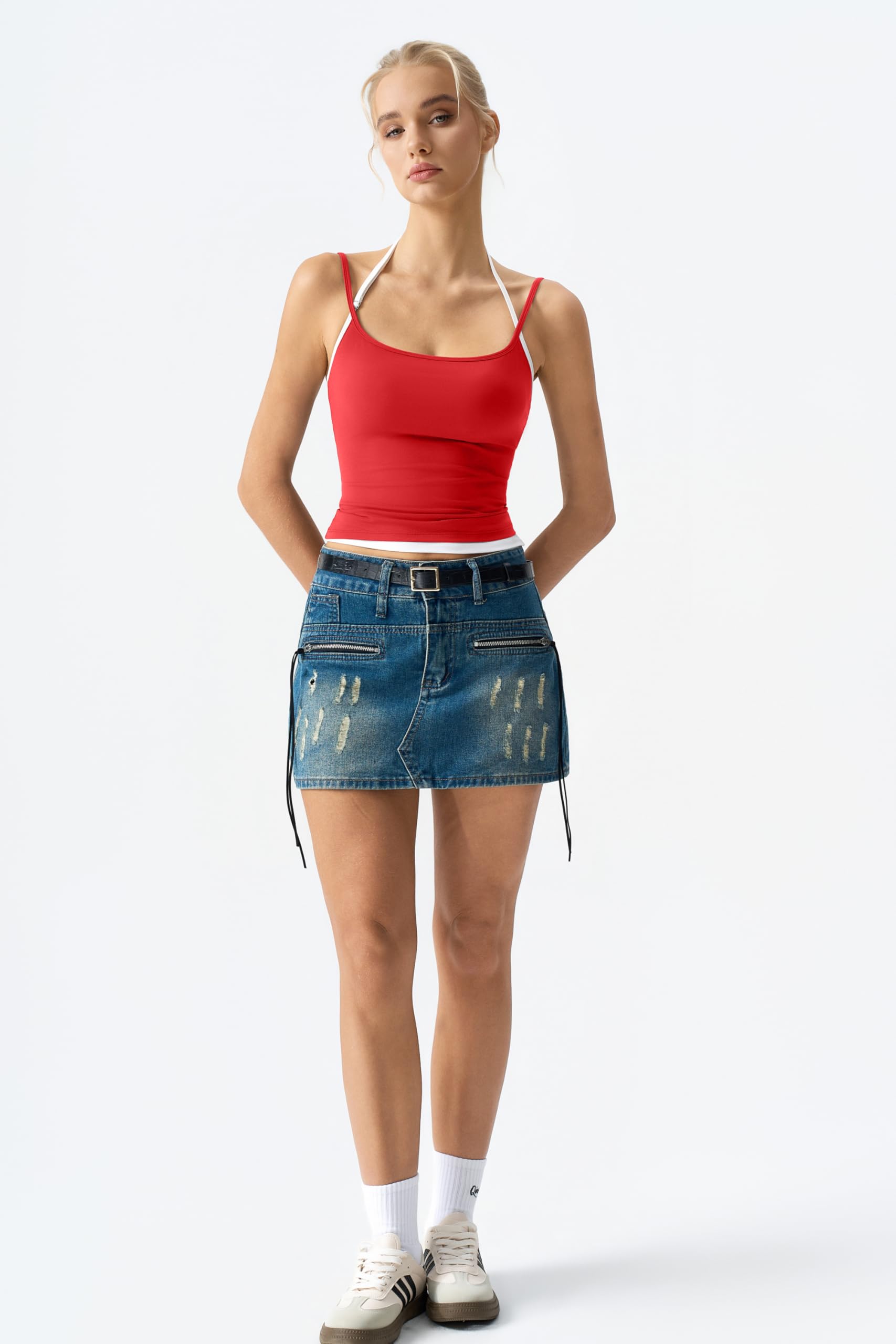 QINSEN Women's Spaghetti Strap Tank Top Slim Fitting Layered Halter Neck Sleeveless Crop Cami Shirt