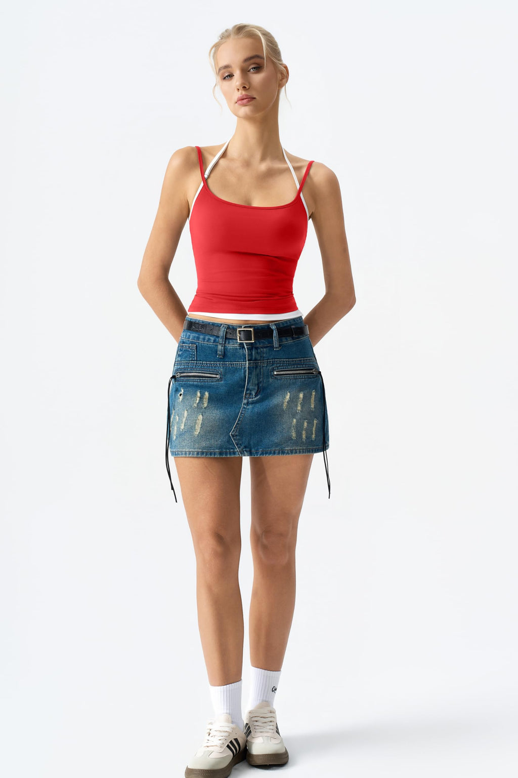 QINSEN Women's Spaghetti Strap Tank Top Slim Fitting Layered Halter Neck Sleeveless Crop Cami Shirt