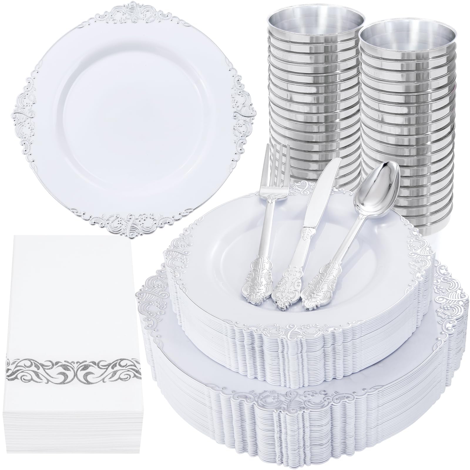 Nervure 175PCS Clear Blue Plastic Plates - Plastic Dinnerware Set Include 25Dinner Plates, 25Dessert Plates, 25Cups, 25Forks, 25Knives, 25Spoons, 25Napkins Perfect for Wedding & Party