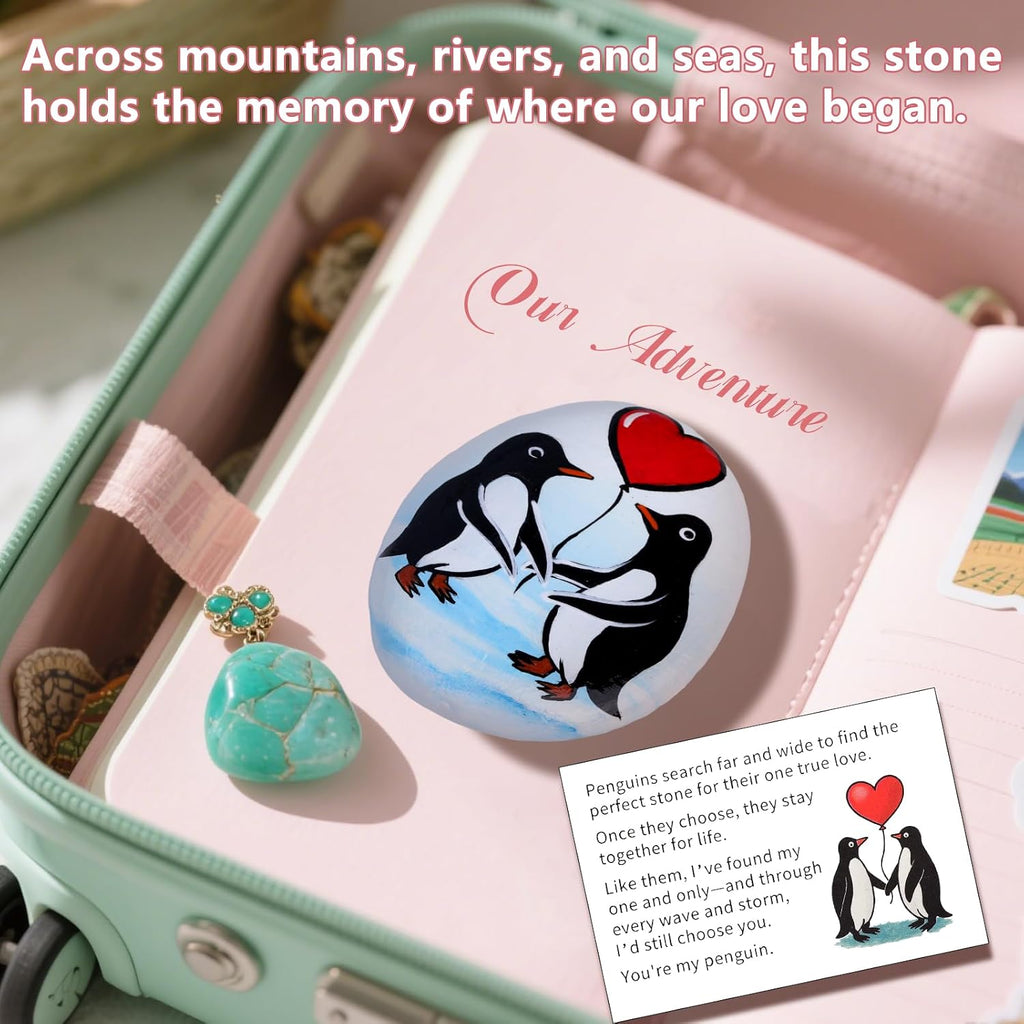Penguin Love Stone Gift, Hand Painted Natural Pebble with “to My Love” and Penguin Story Card, Romantic Valentines or Anniversary Present for Boyfriend, Girlfriend, Husband, Wife