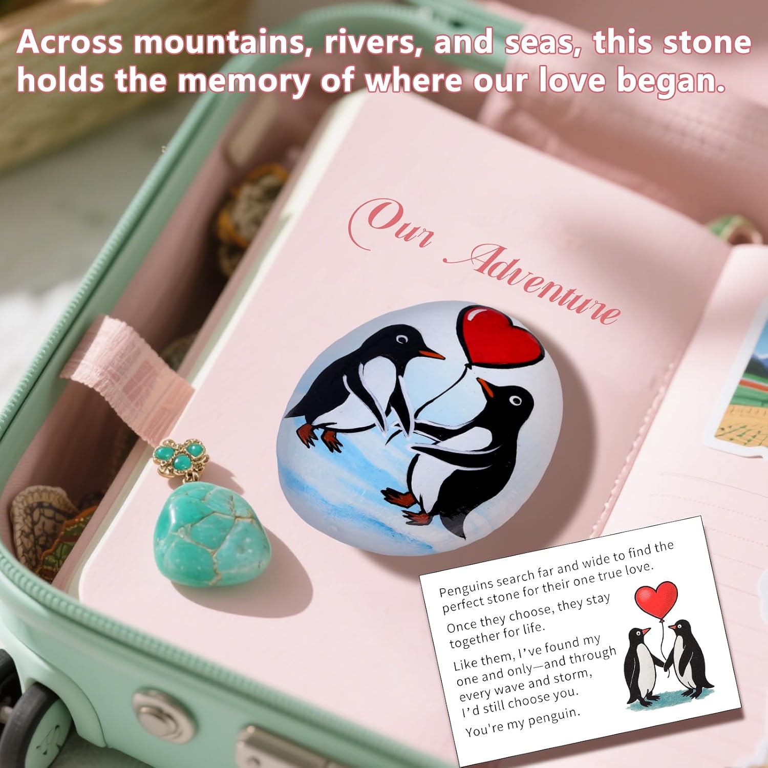 Penguin Love Stone Gift, Hand Painted Natural Pebble with “to My Love” and Penguin Story Card, Romantic Valentines or Anniversary Present for Boyfriend, Girlfriend, Husband, Wife