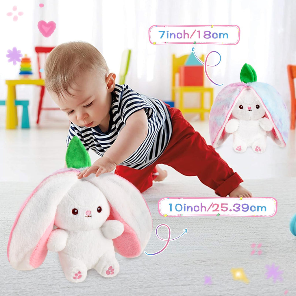 MIAODAM Bunny Stuffed Animal Reversible Cuddle Bunny Stuffed,Strawberry Bunny Transformed Rabbit Plush Zipper,Turns Into Ears Bunnies Plushies Toy Cute Stuffy Doll Easter