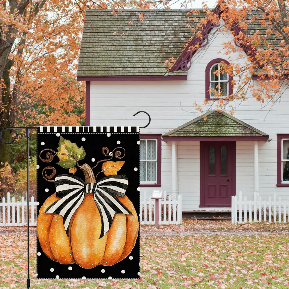 Fall Garden Flag For Outdoor Decor Thanksgiving Garden Flags Autumn Stained Glass Pumpkin Maple Leaf Double Sided Small Burlap Outside Porch Lawn Yard Flags Decorations 12.5x18 Inch