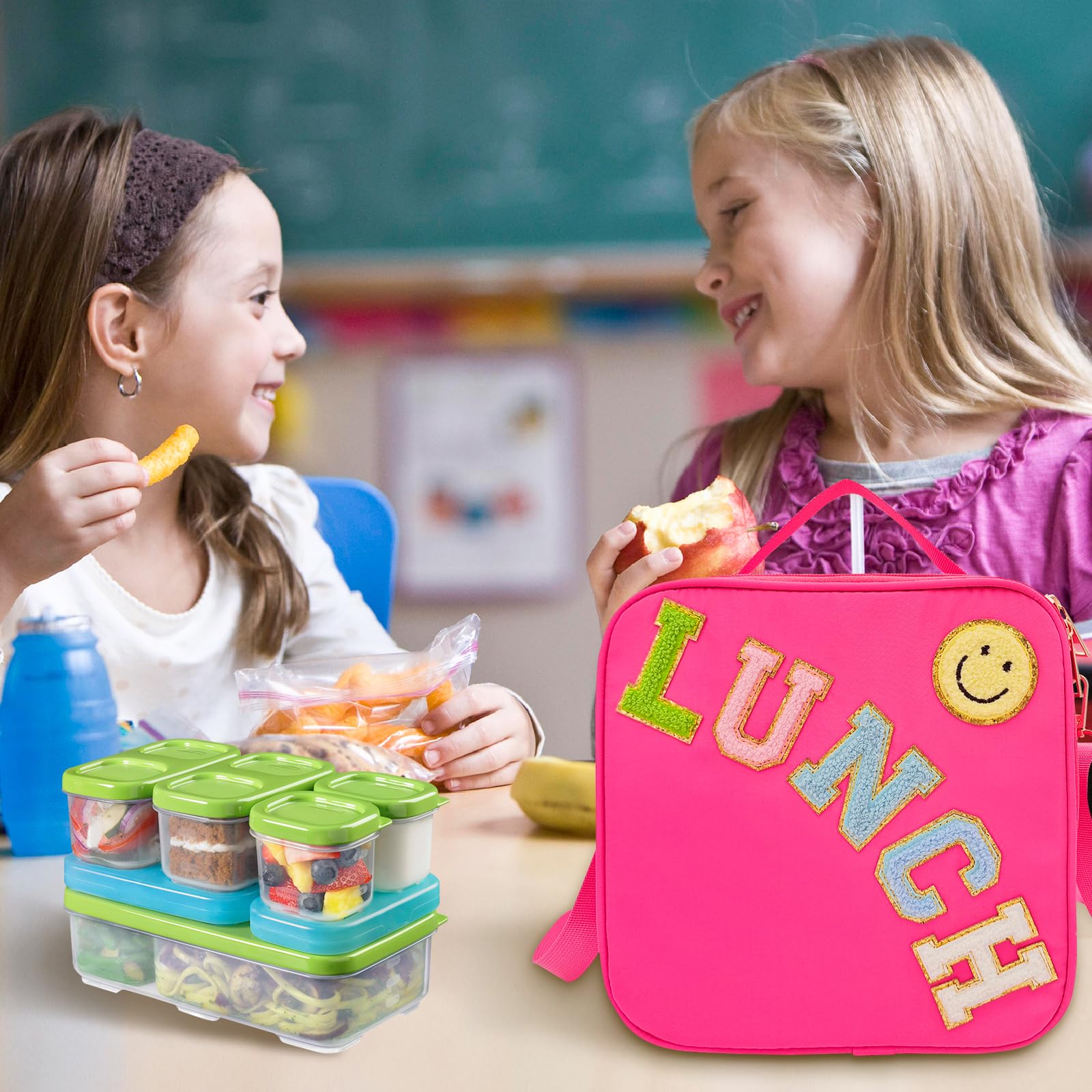Insulated Lunch Bag With Adjustable Shoulder Strap, Nylon Preppy Lunch Box Large Insulated Lunch Bag Reusable Lunch Tote Bag with Smiley Preppy LunchBag for Girls School Travel Picnic (Purple)
