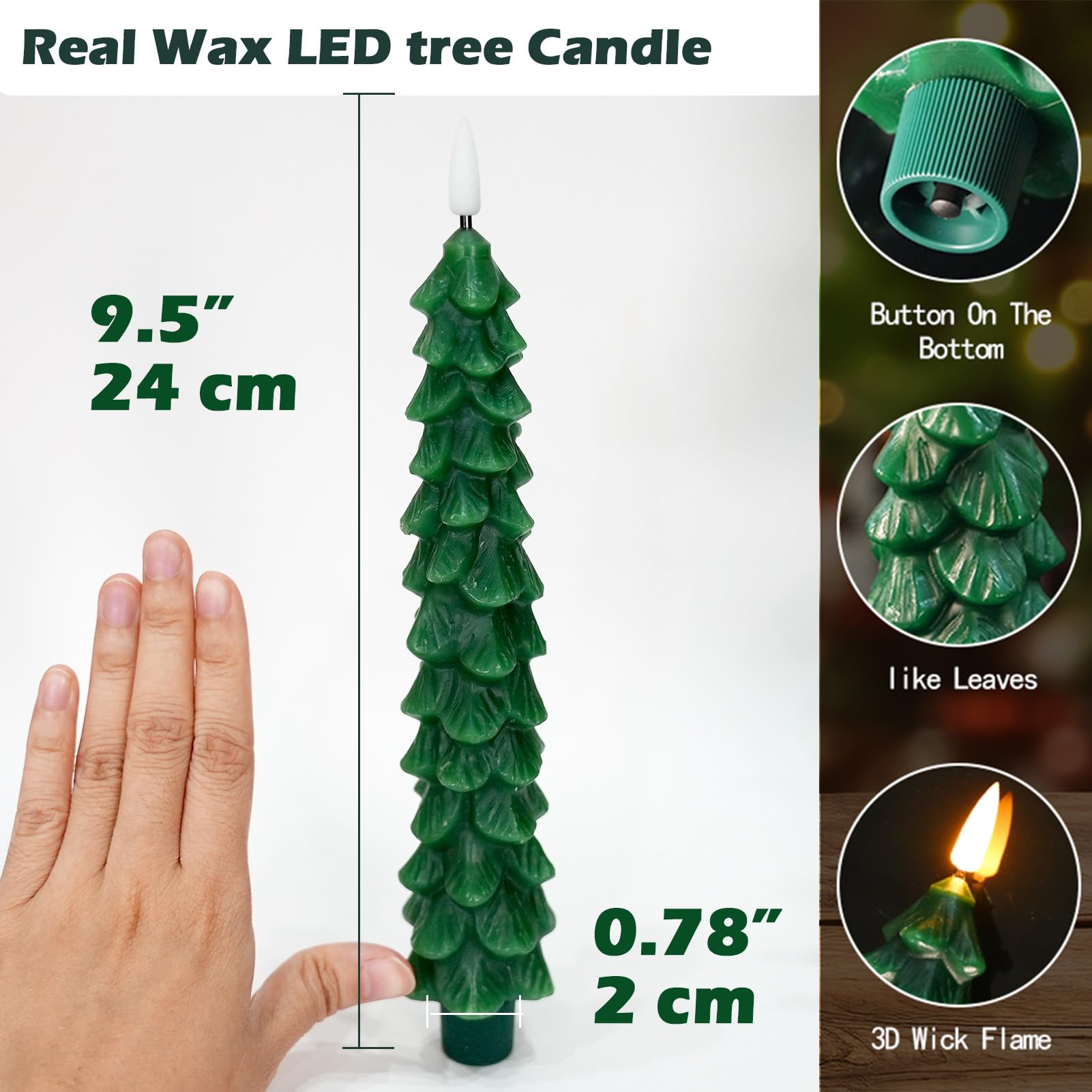 FPOO Christmas Decorations Indoor, 3 PCS Waxy Christmas Tree Candles with Remote Timer, Battery LED Candlesticks for Window, Table Centerpiece, Xmas Decor, Gift (7.5 inches)