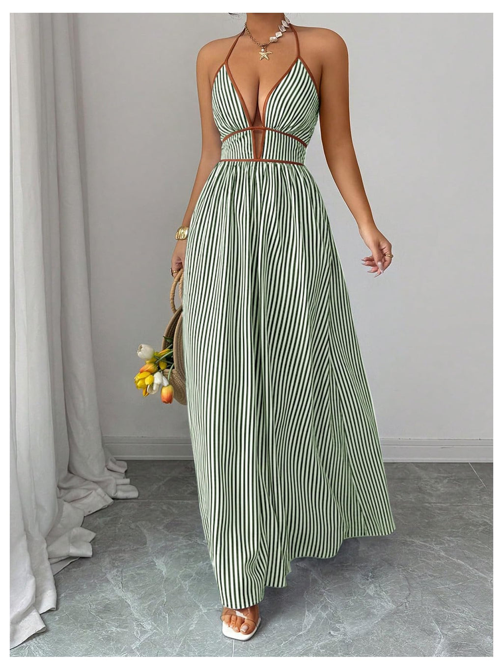 Floerns Women's Striped Halter Maxi Dress Backless Smocked Beach Vacation Boho Dress