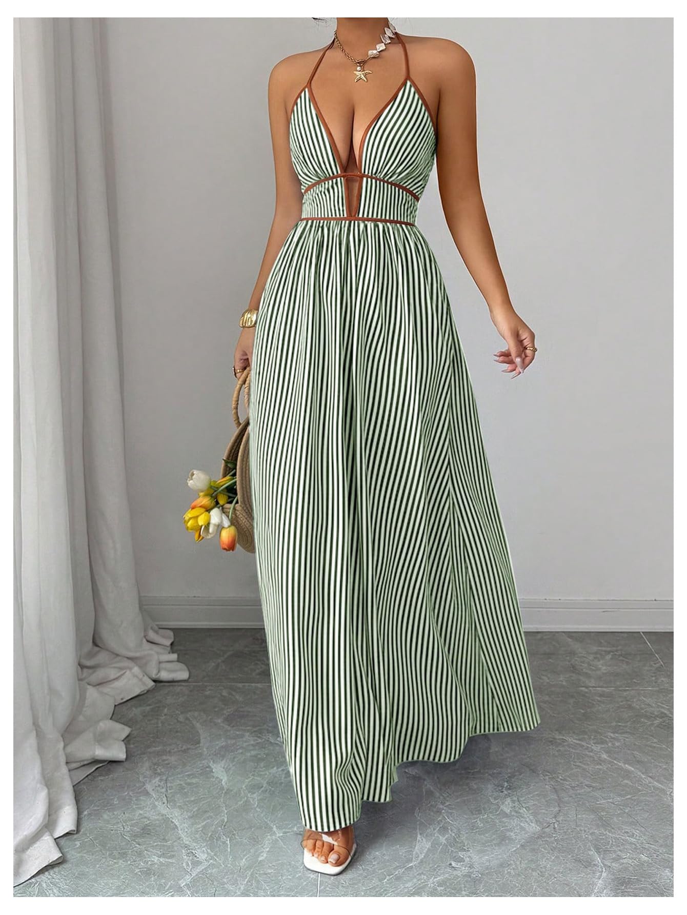 Floerns Women's Striped Halter Maxi Dress Backless Smocked Beach Vacation Boho Dress